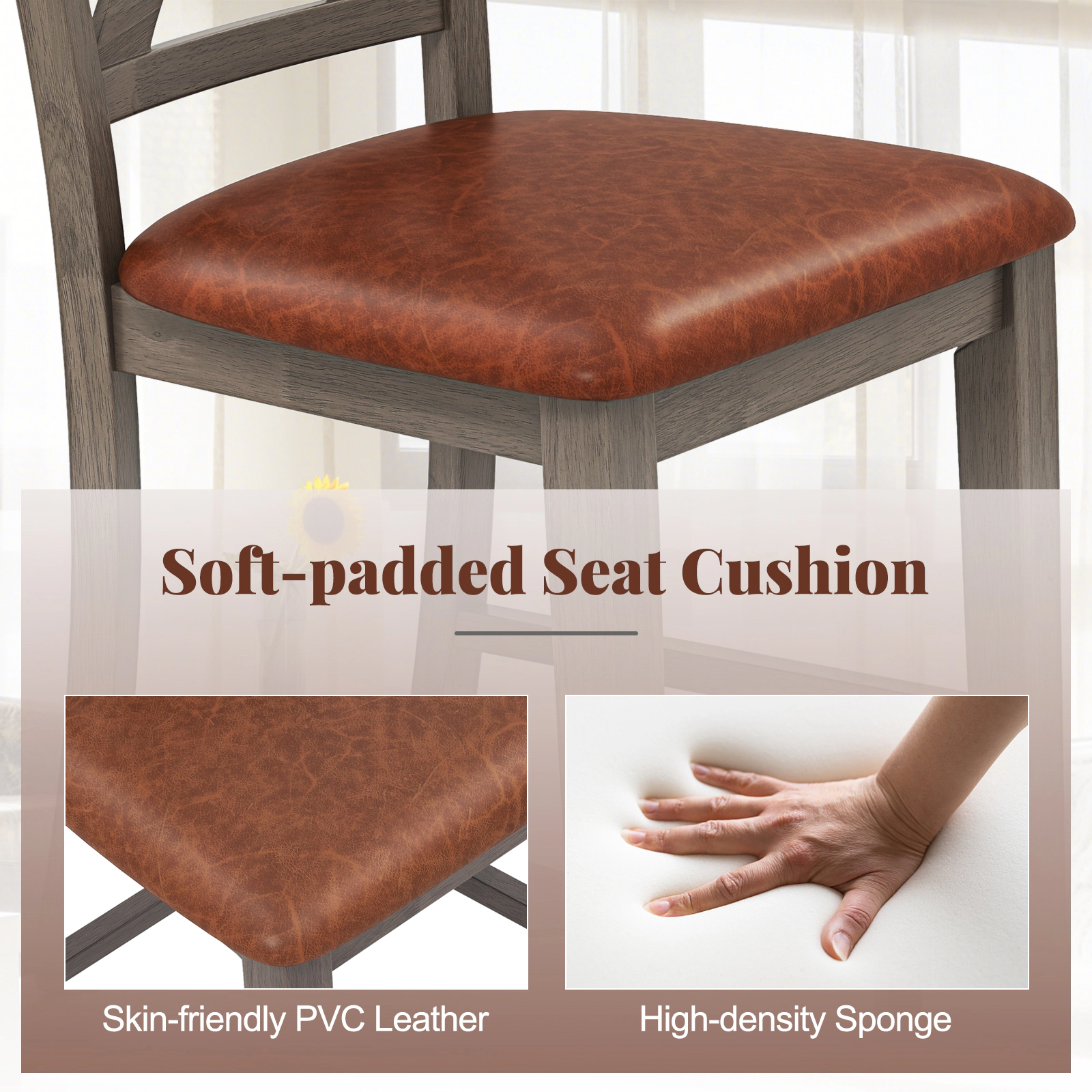 SUGIFT Faux Leather Upholstered Seat and Wood Frame Set of 2 Gray Cross Back Bar Stools