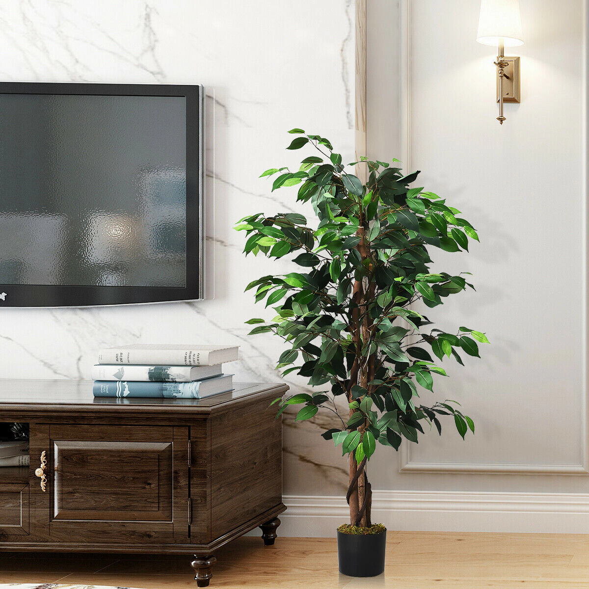 SlickBlue Artificial Ficus Floor Plant 4ft Cement Base Decorative Tree