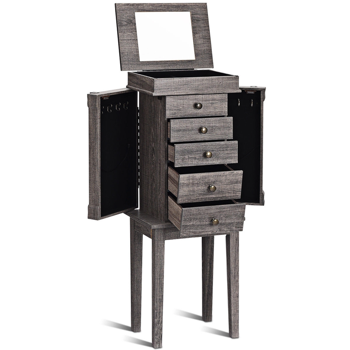 Slickblue Jewelry Storage Cabinet with Flip Top Mirror 5 Drawers Coffee Black Bedroom Chest