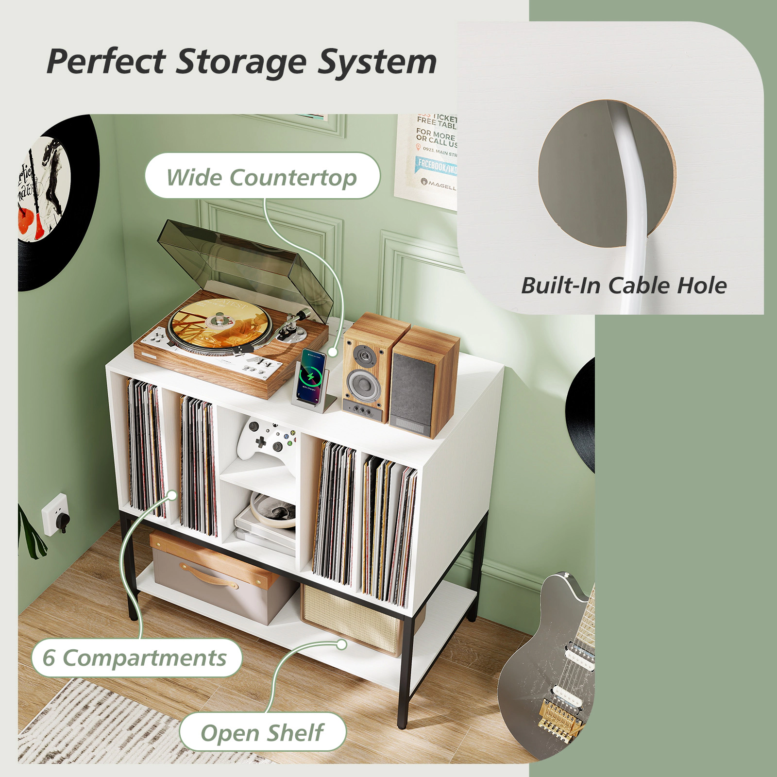 SUGIFT Record Player Stand with Charging Station and Metal Frame Accent Table 275-lb Capacity White