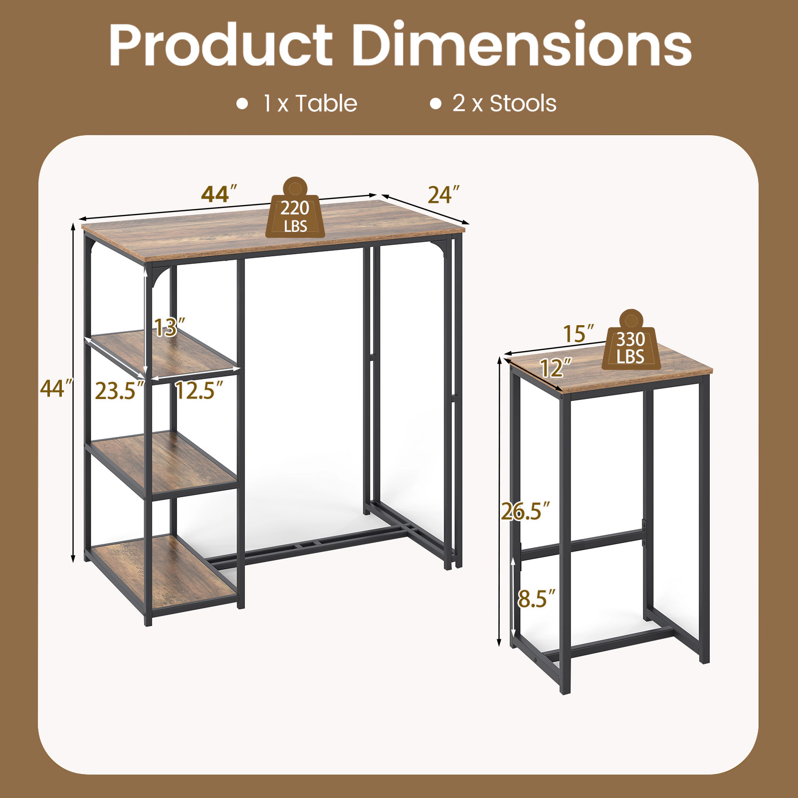 SUGIFT 3-Piece Bar-Height Dining Table Set 2 Stools 220-/330-lb Capacity 44-in Table with Storage Shelves Coffee+Black