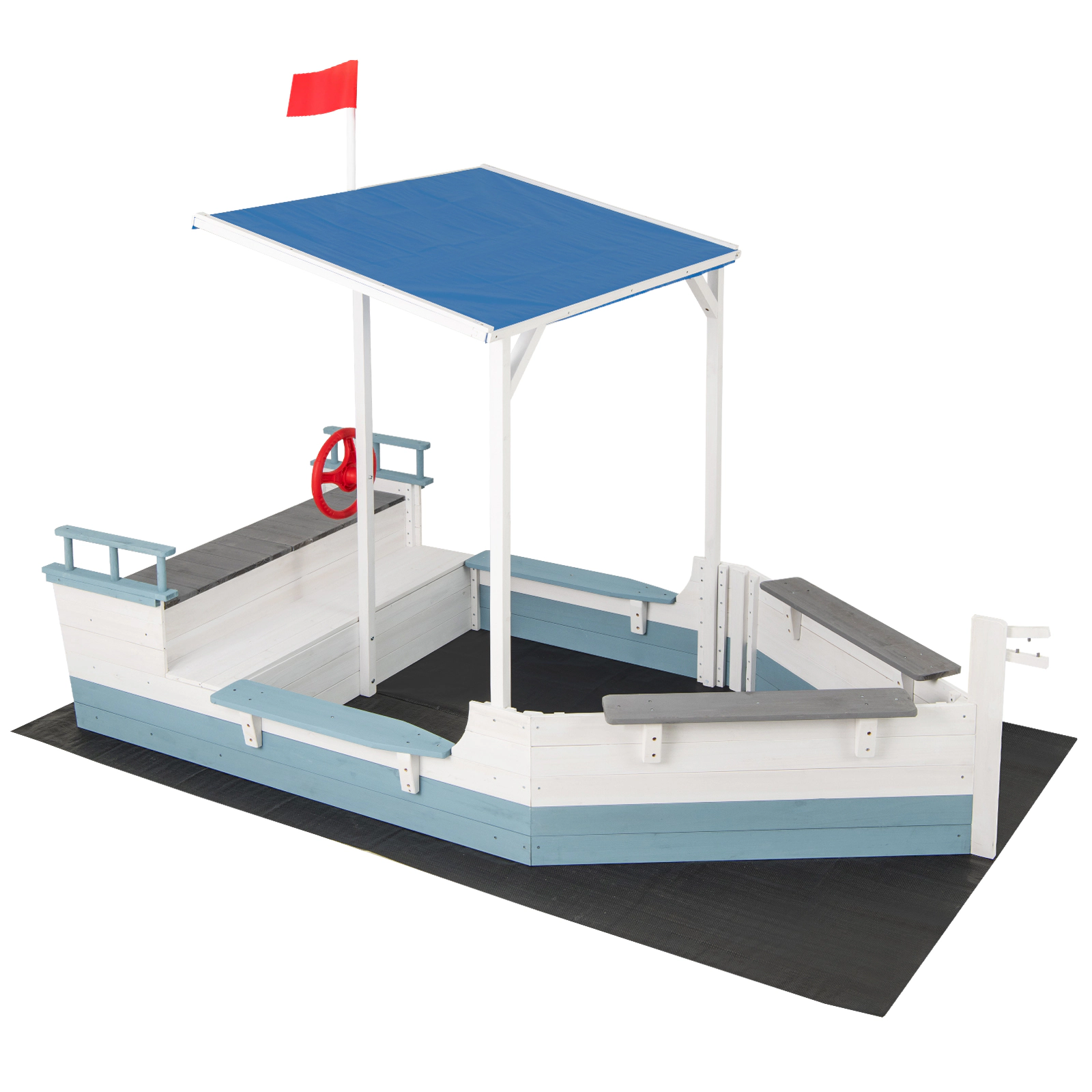 LJG Kids Pirate Ship Sandbox with Canopy with Bench Seats and Bottom Liner