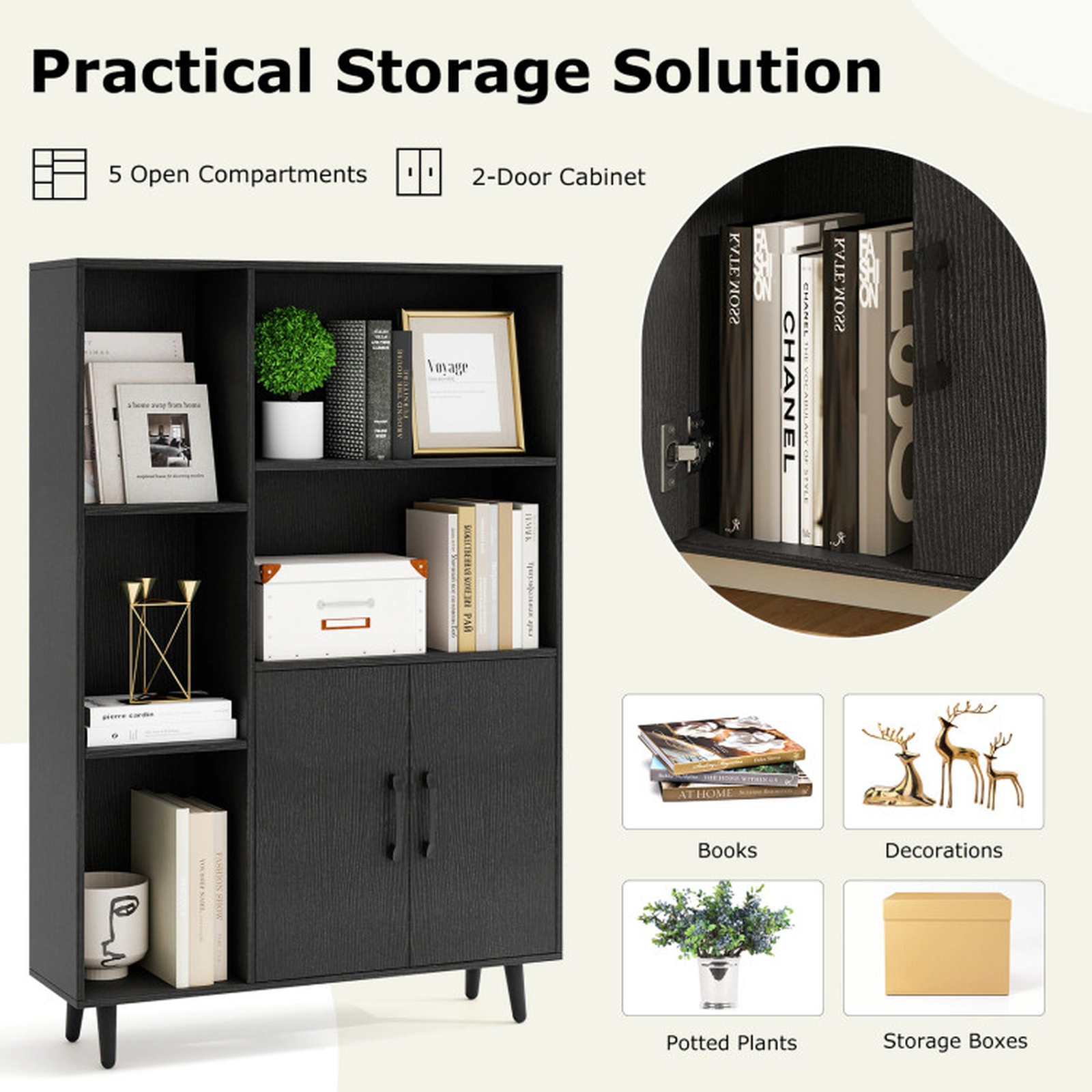 SUGIFT Black 47 in Floor Bookshelf with 5 Open Compartments and 2-Door Cabinet