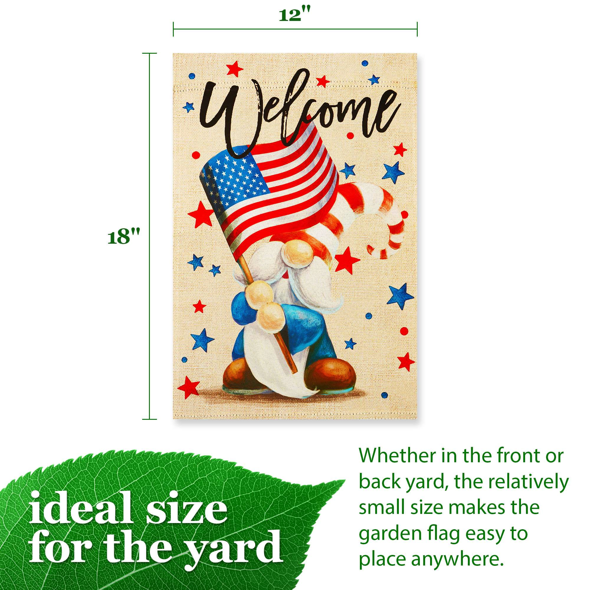 G128 Welcome Patriotic Gnome Garden Flag 12x18 Inch Double-Sided Outdoor Lawn Decoration