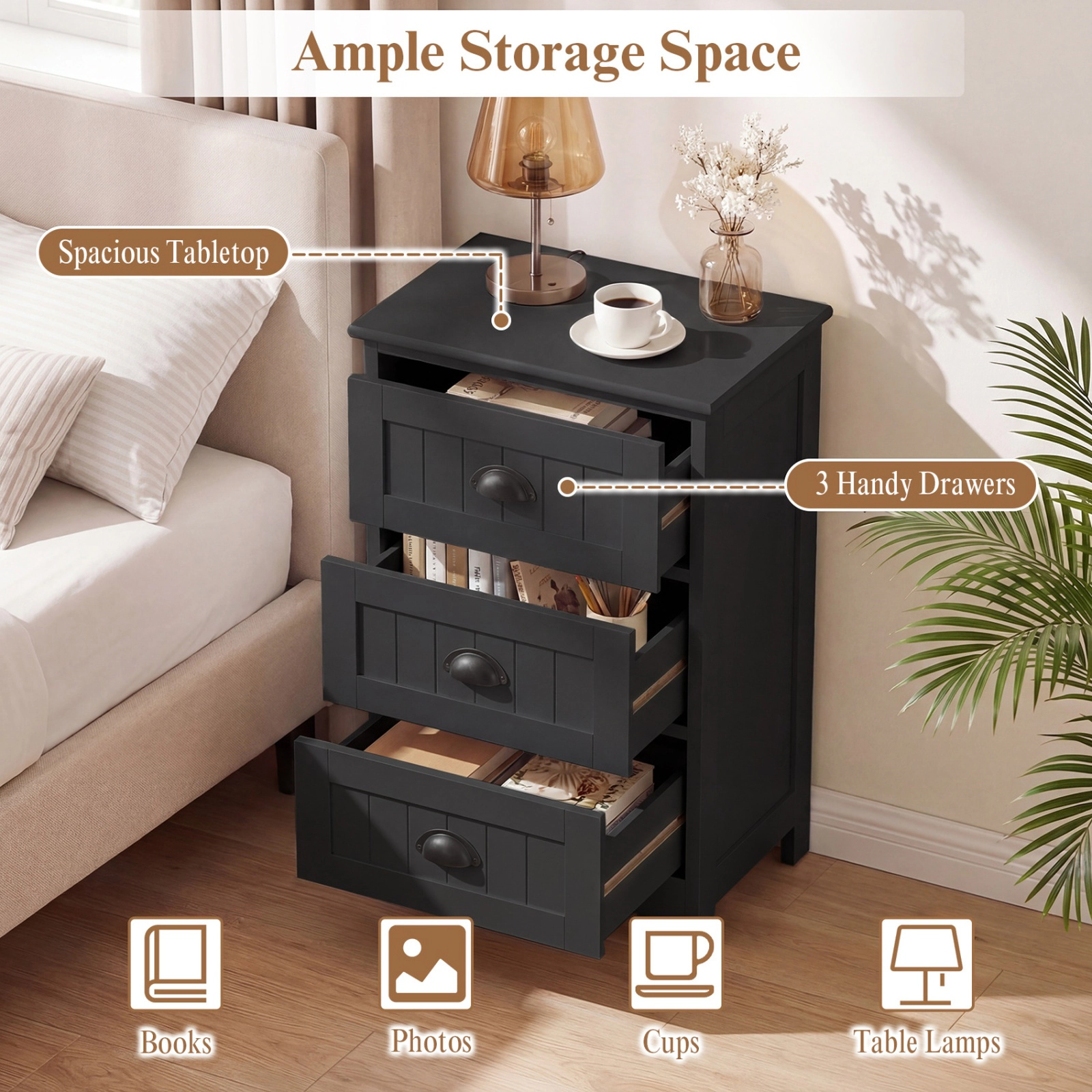SUGIFT 3-Drawer Storage Nightstand with Concealed Drawers 18-in W 12-in D 27-in H in Black