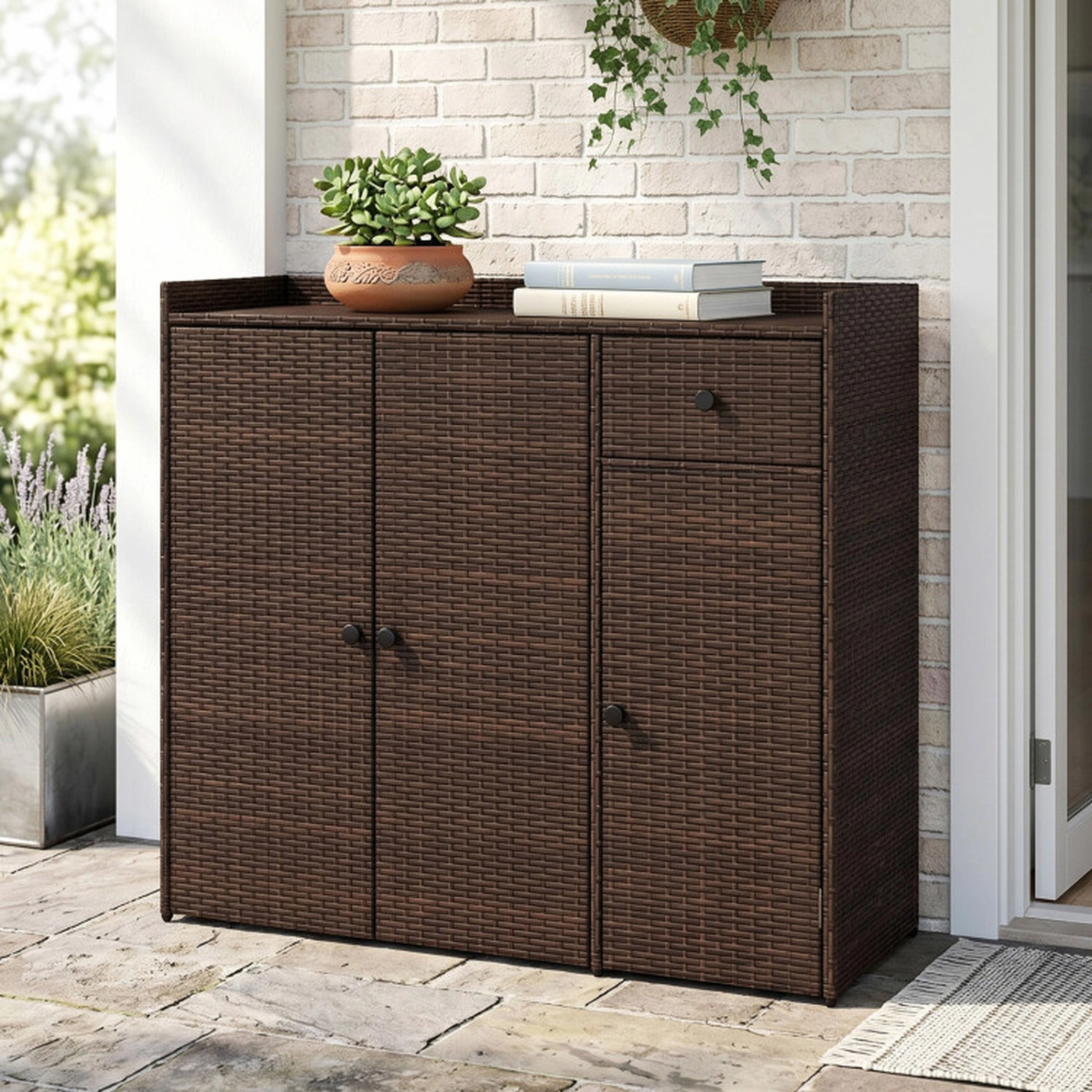 SUGIFT 3-Door Outdoor PE Wicker Storage Cabinet 110-lb Countertop 65-lb Shelf Capacity 39 x 15 x 37-in Mix Brown