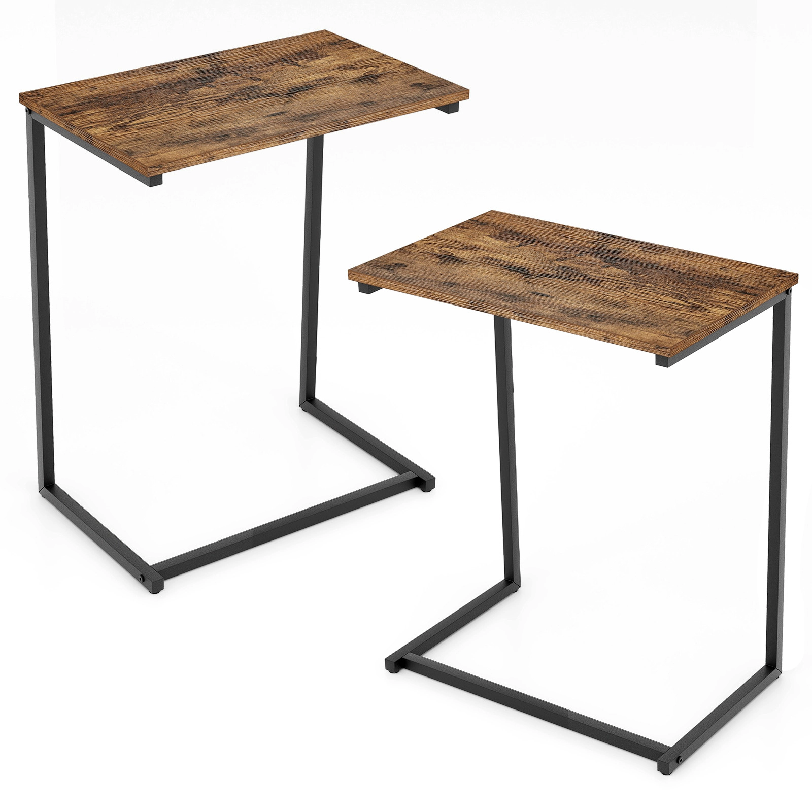 Glintex C-Shaped Industrial Side Table with Wood Grain Top and Metal Frame, Rustic Brown