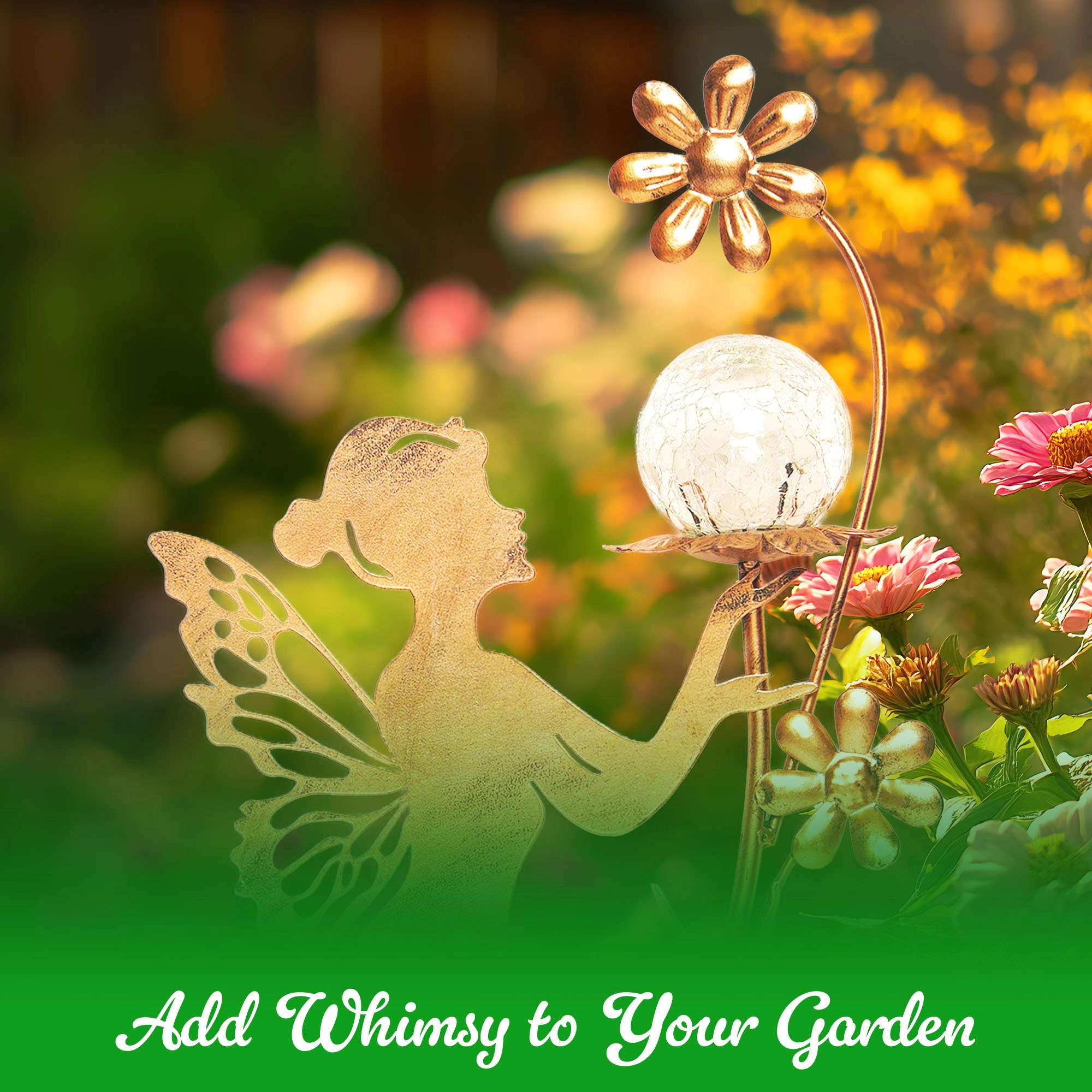 G128 28in Fairy Solar Garden Stake, Angel Figurine with Color-Changing Crack Glass Moon