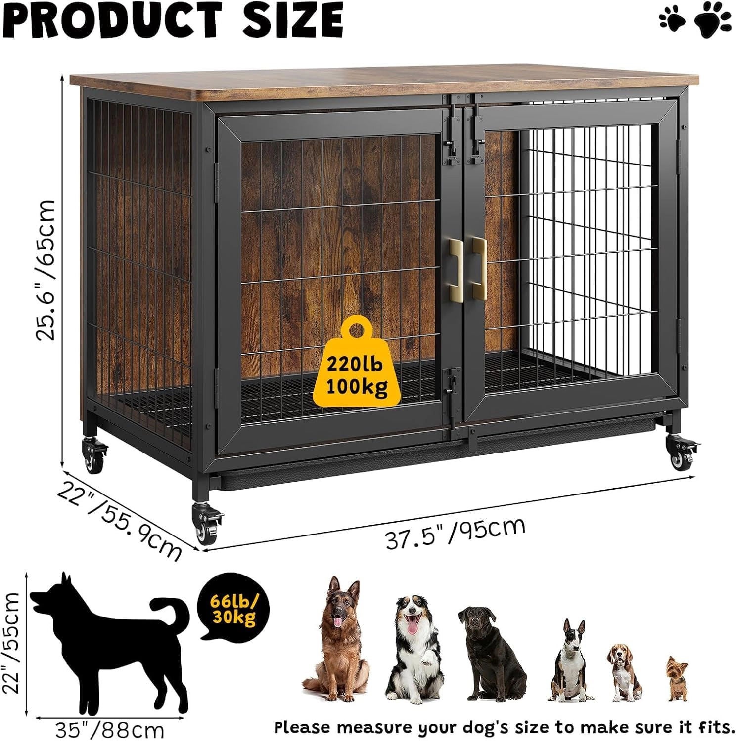 37.5 Inch Ironwood Dog Crate, Indoor Pet Kennel with Lockable Wheels & Removable Tray