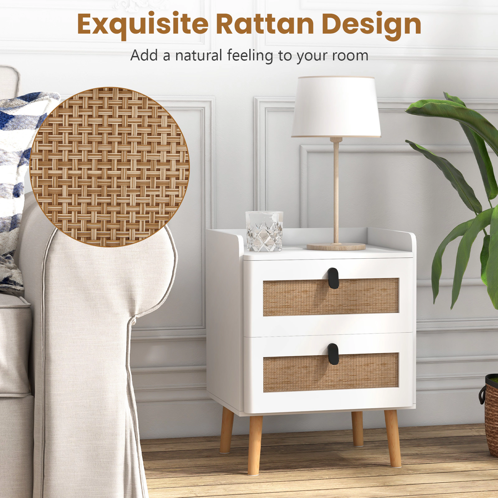 Glintex End Table with 2 Rattan-Decorated Drawers and Raised Edge Tabletop, White