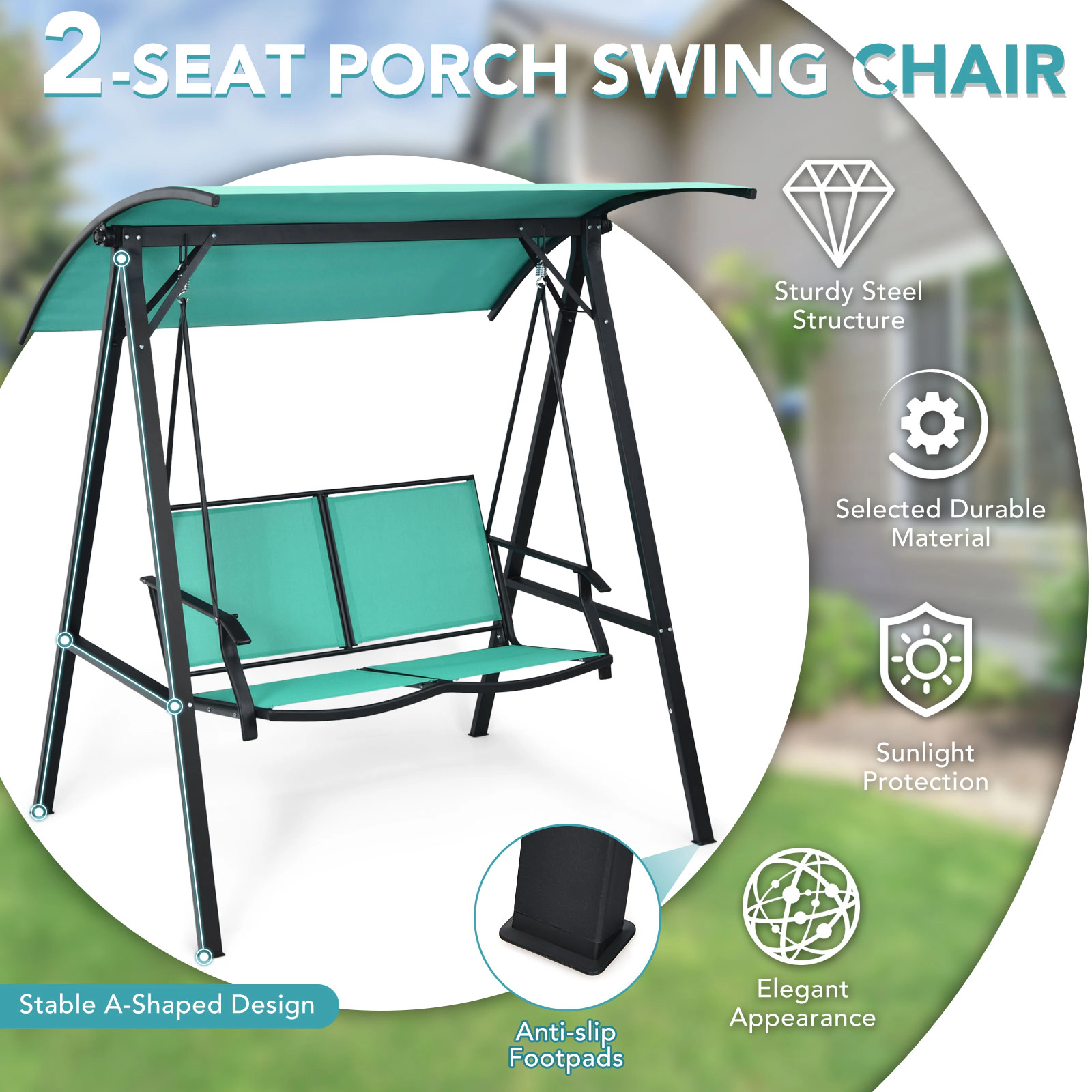 SUGIFT Weather-Resistant 2 Person Patio Swing with Glider and Adjustable Canopy 530-lb Capacity Green
