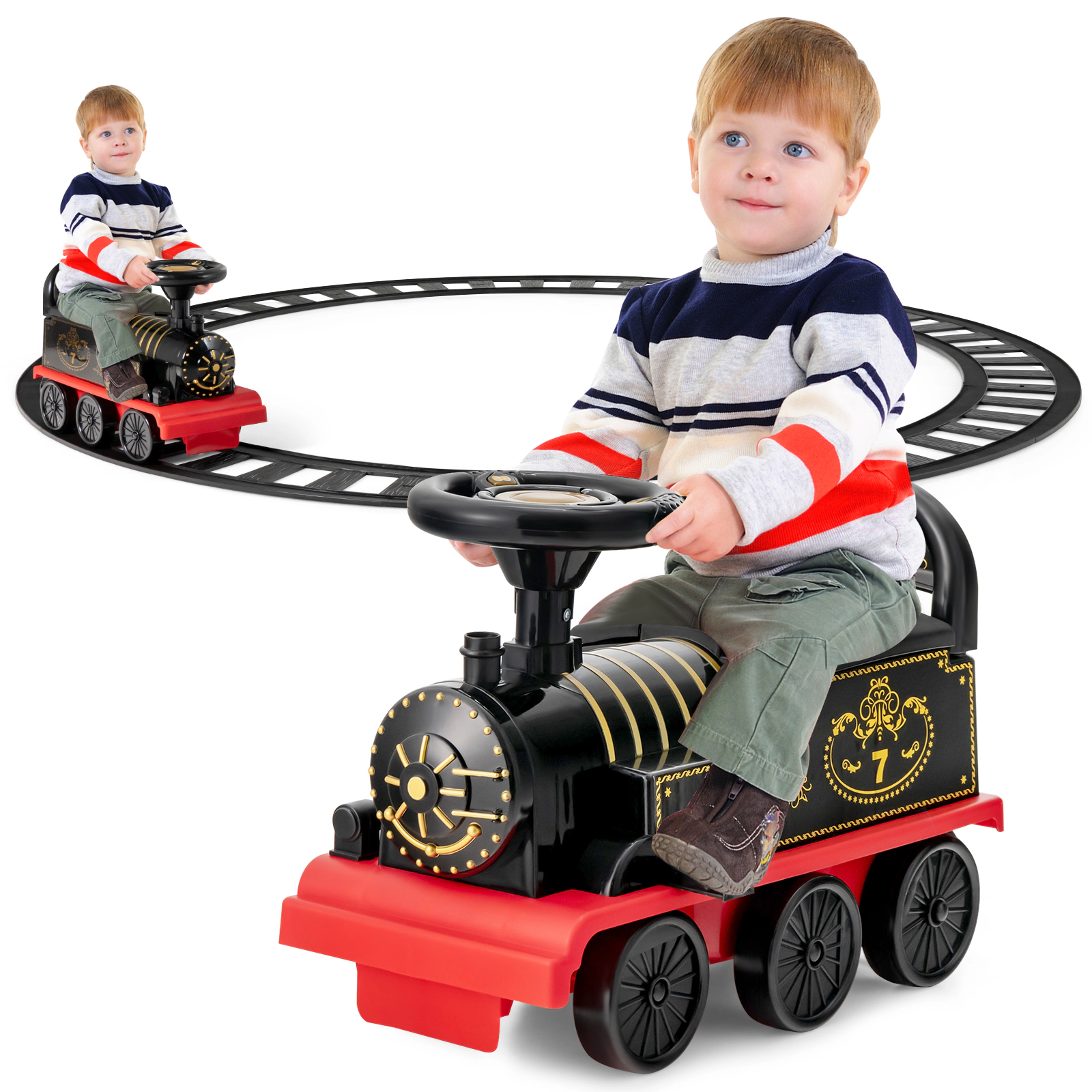 Costway 6V Electric Kids Ride On Train Motorized Toy w/ Track & 6 Wheels Blue