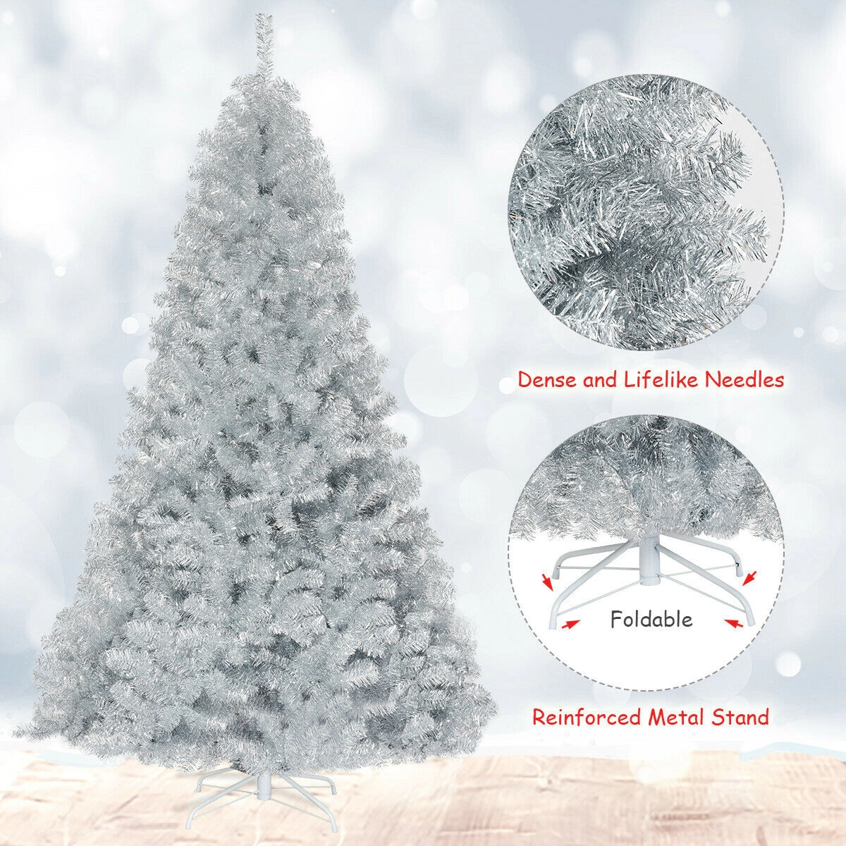 SUGIFT 7.5-ft Unlit Silver Tinsel Artificial Christmas Tree with 1258 Branch Tips and Antiskid Metal Stand