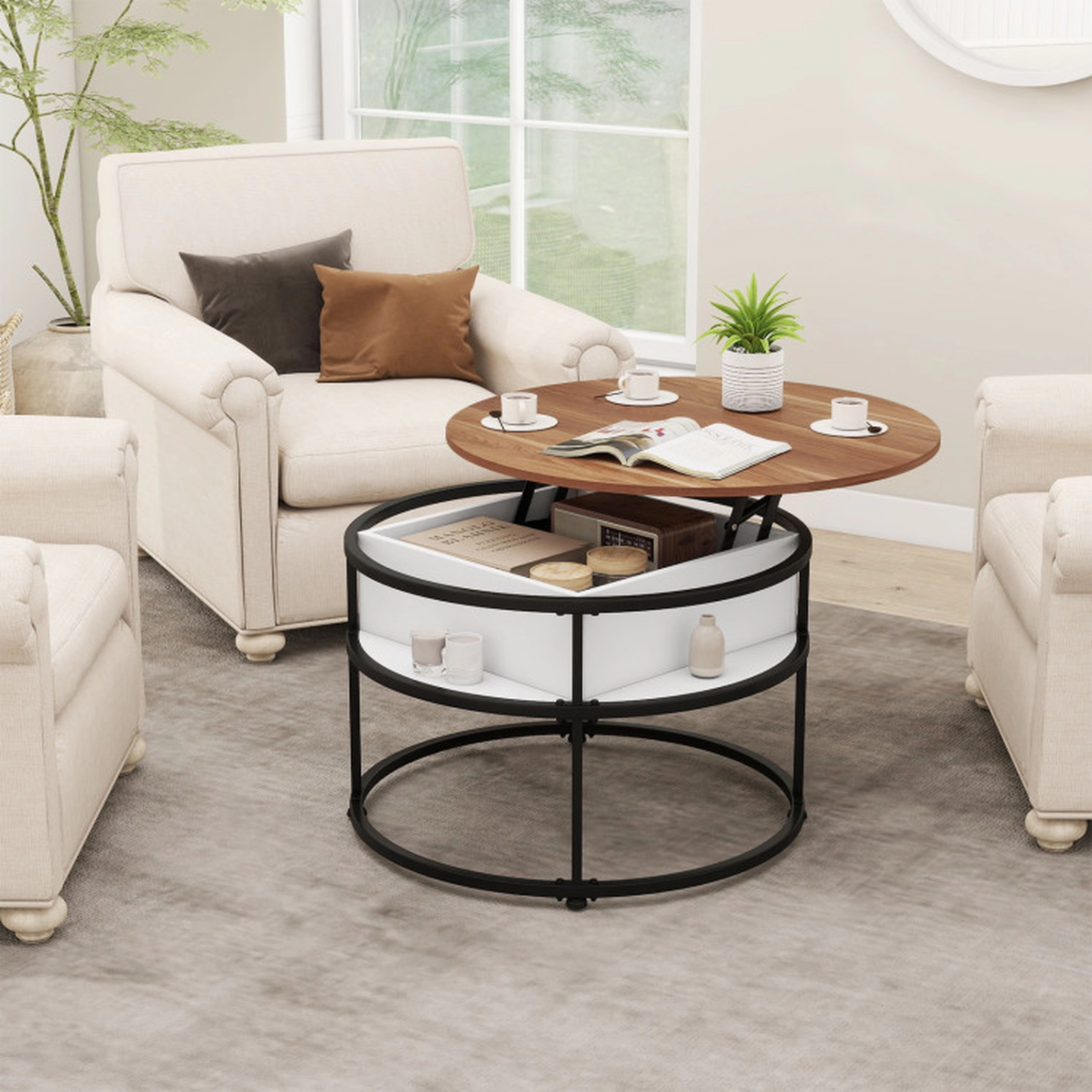 SUGIFT 31.5-in 110-lb Capacity Round Lift Top Teak Coffee Table with Hidden Compartment and 4 Side Shelves
