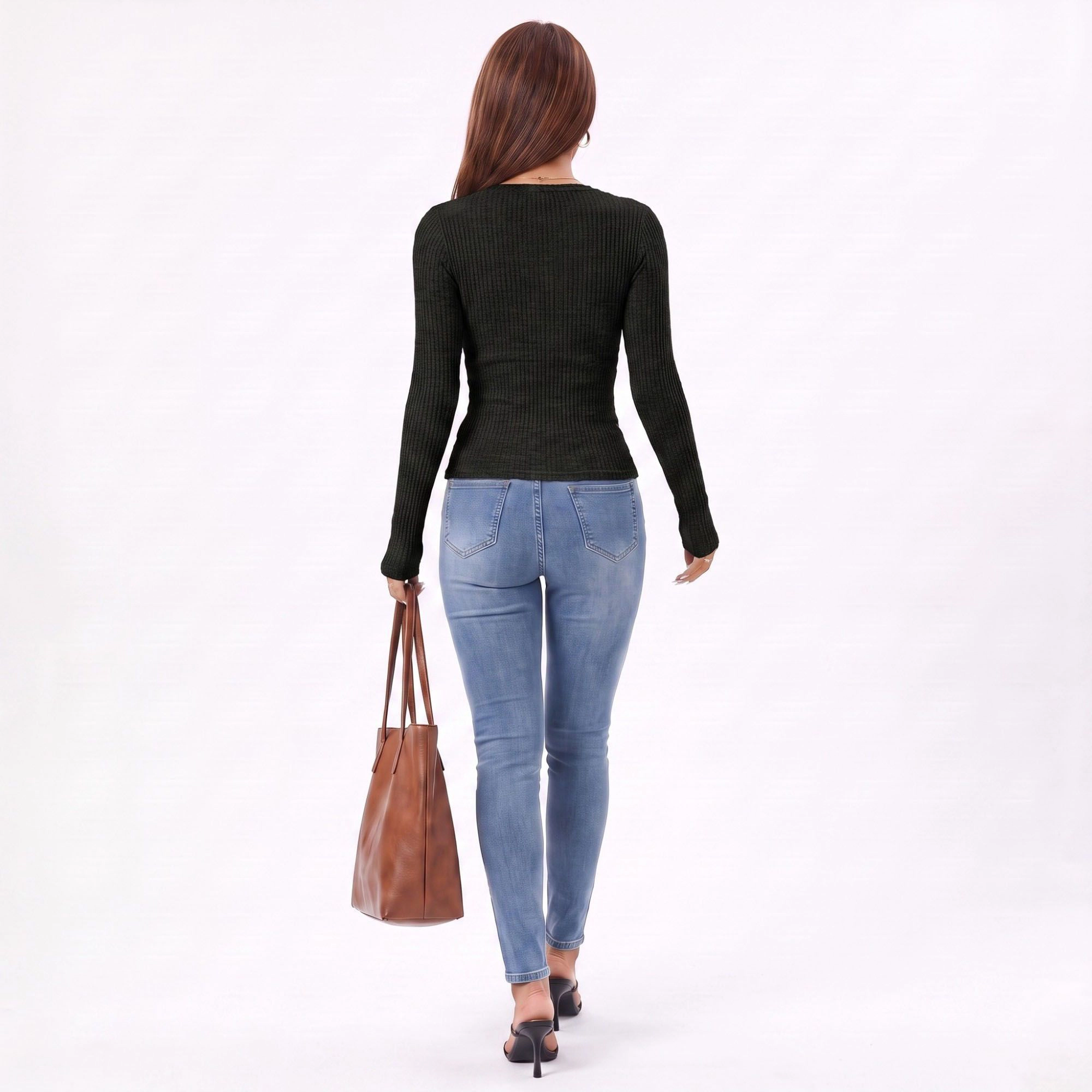 Anna-Kaci Women's Ribbed Lace Inset V-Neck Button Long Sleeve Top
