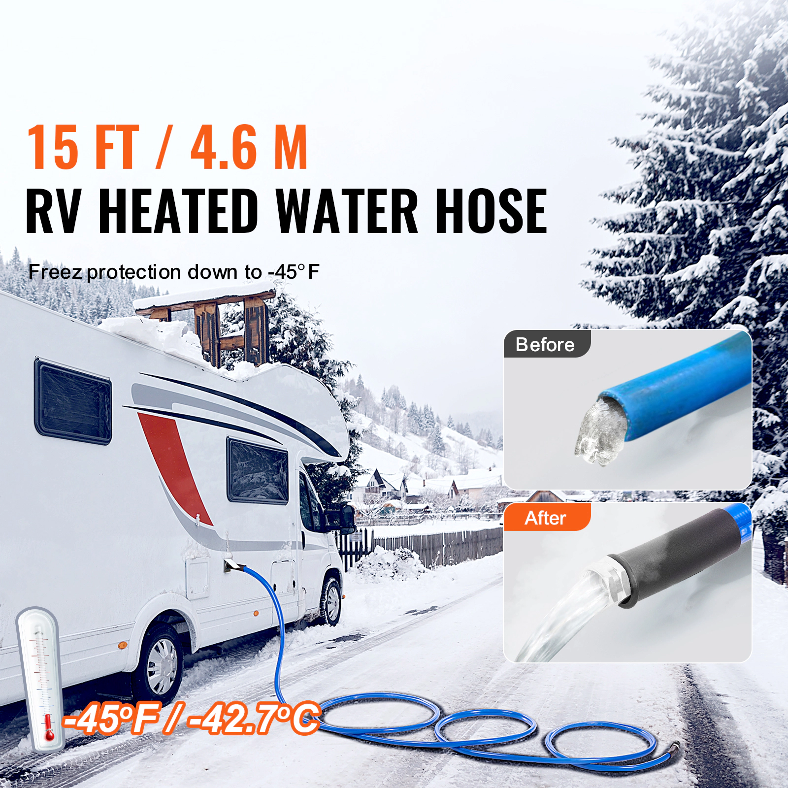 HONGGE 15ft Heated RV Water Hose, Self-Regulating, Freeze-Proof to -45°F, 5/8" ID, 3/4" GHT Adapter, Lead & BPA Free