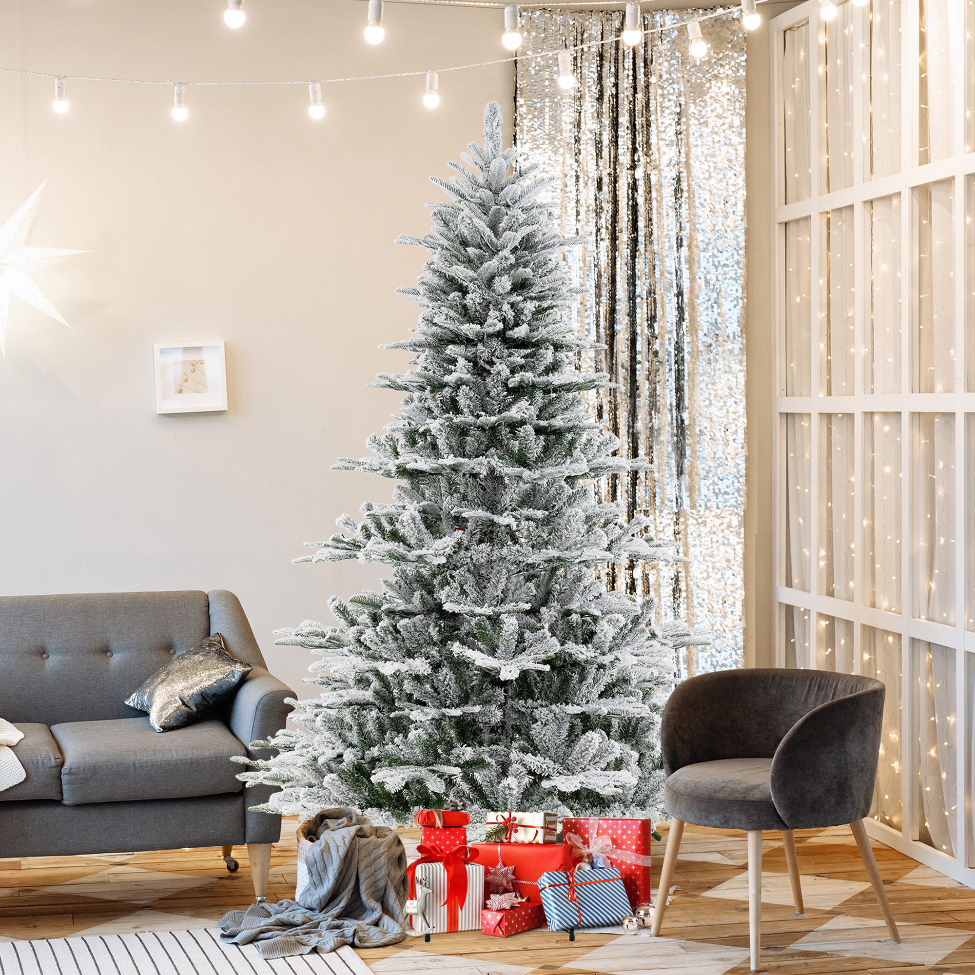 Costway 6/7/8 FT Snow Flocked Artificial Christmas Tree with 661 PVC & PE Tips 500/620/800 LED Lights
