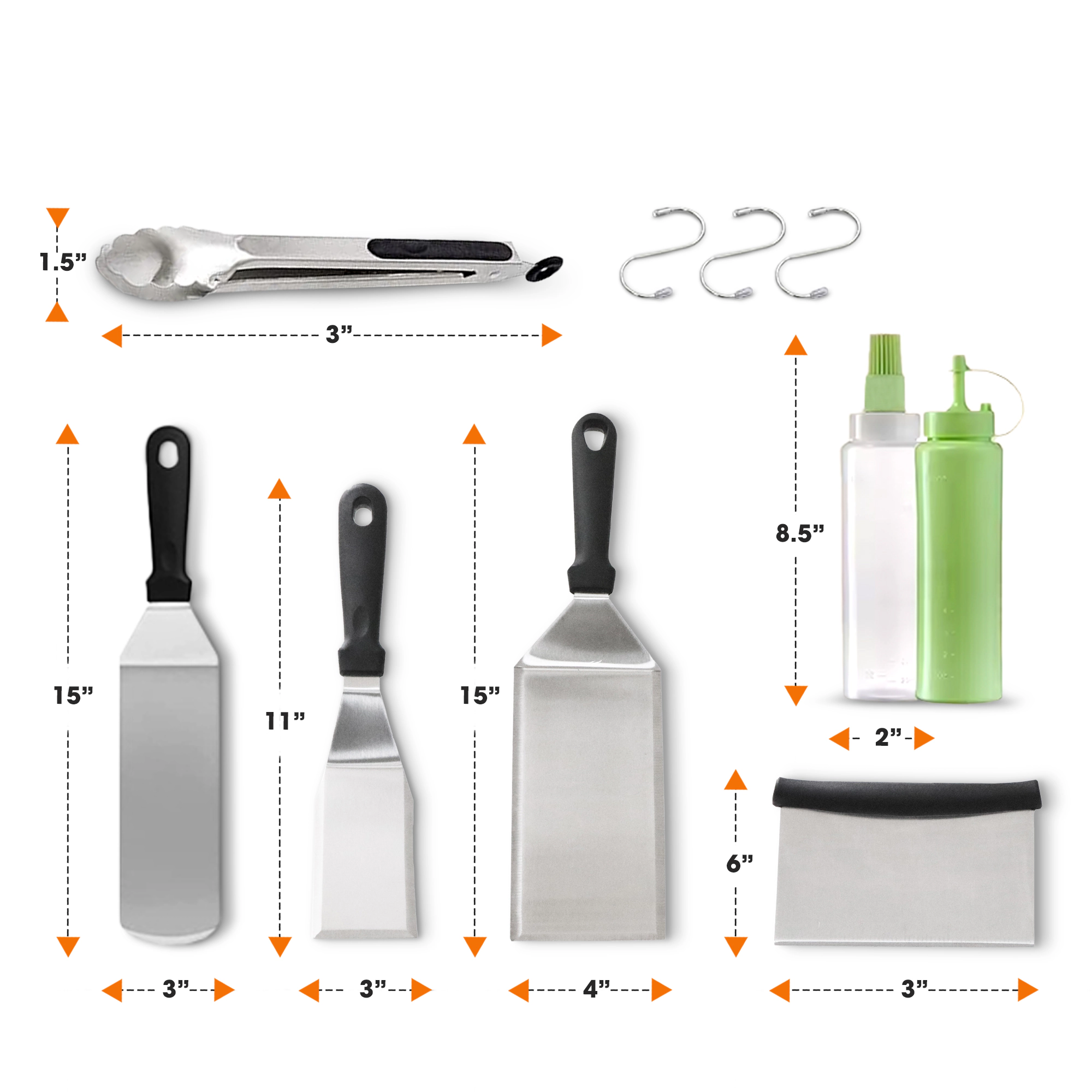 Cheer Collection 7 Piece Stainless Steel Griddle Tool Set with Locking Tongs