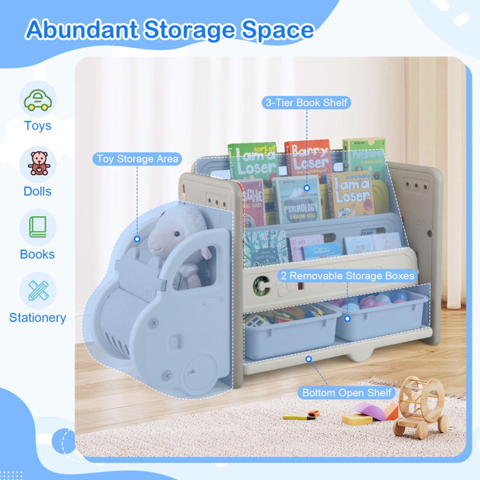 SUGIFT Kids Car Shaped 3-Tier 2 Removable Boxes Toy Storage Bookshelf 42.5-in x 14-in x 25-in Ages 3+ Beige Gray