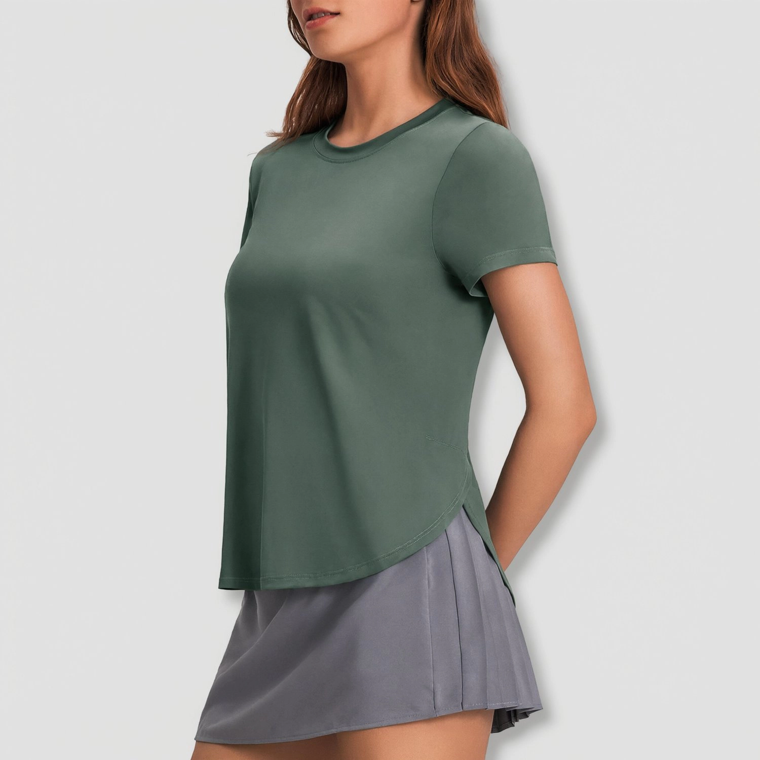 Pinspark Womens Solid Short Sleeve Tops Crew Neck Curved Hem Side Split Casual Tees