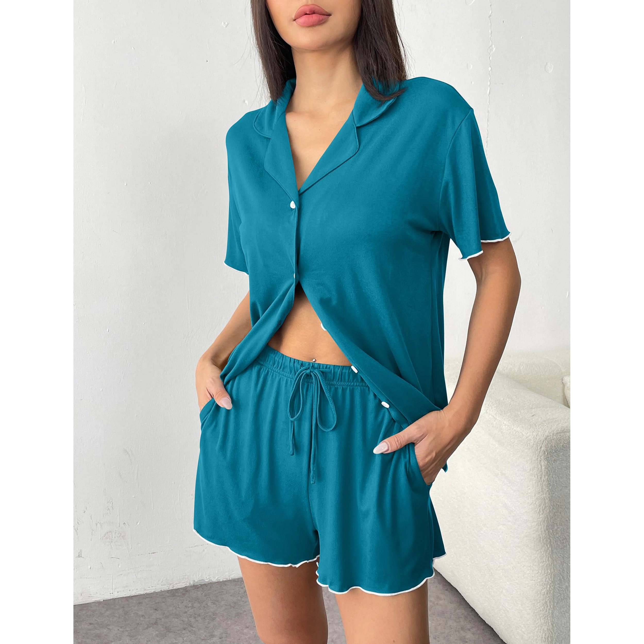 Ekouaer Womens Pajama Sets Button Up Pjs Shorts Soft Sleepwear 2 Piece Lounge for Bridal