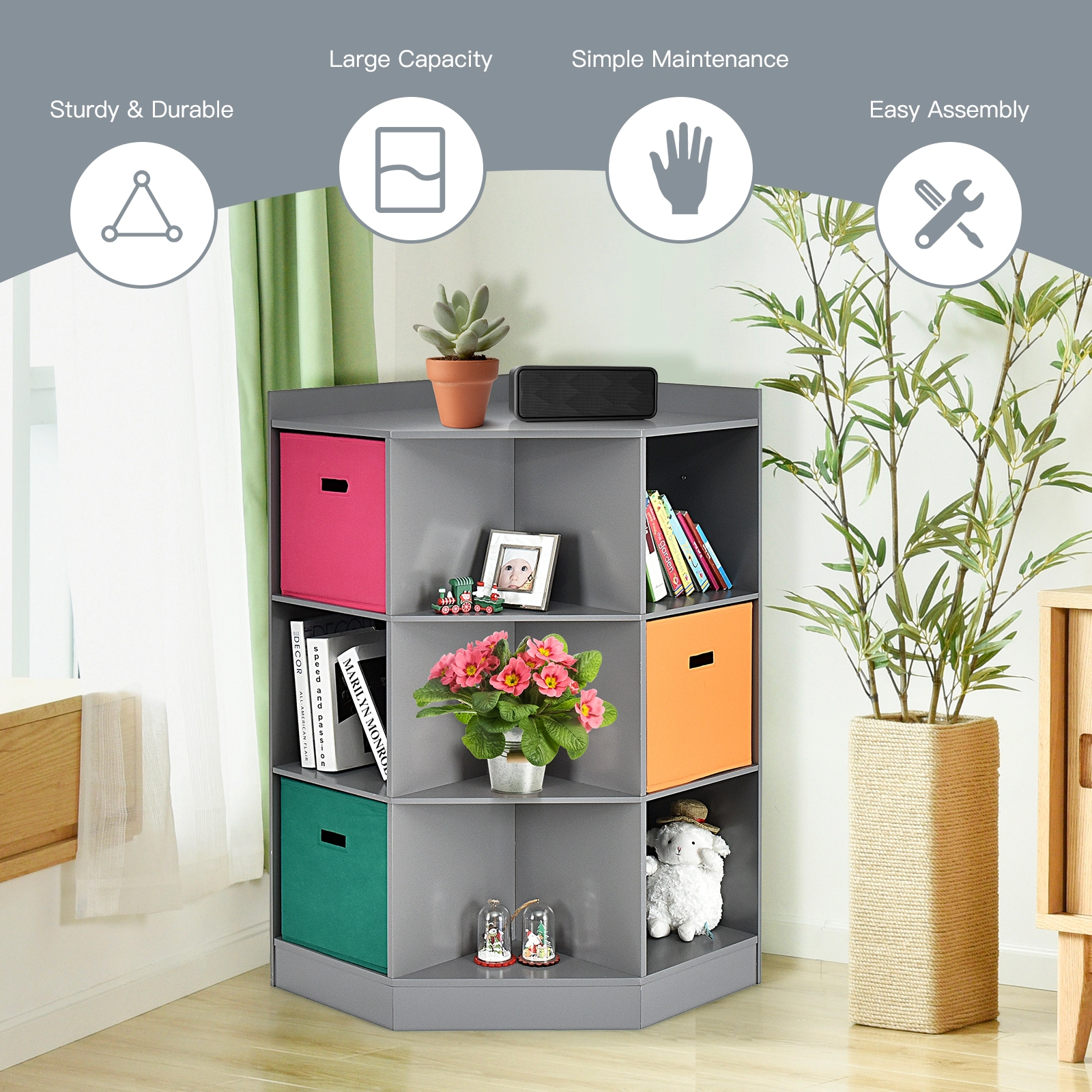 SUGIFT 3-Tier 110-lb Top Corner Kids Storage Shelf and Cabinet with 6 Square Cubes and Triangle Shelves