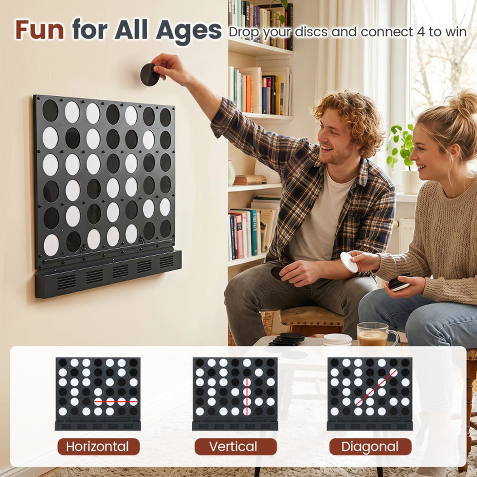 SUGIFT Black Wall Mounted Metal Connect 4 Game with Acrylic Discs and Bottom Tray 28.5-in W 1.5-in D 23-in H