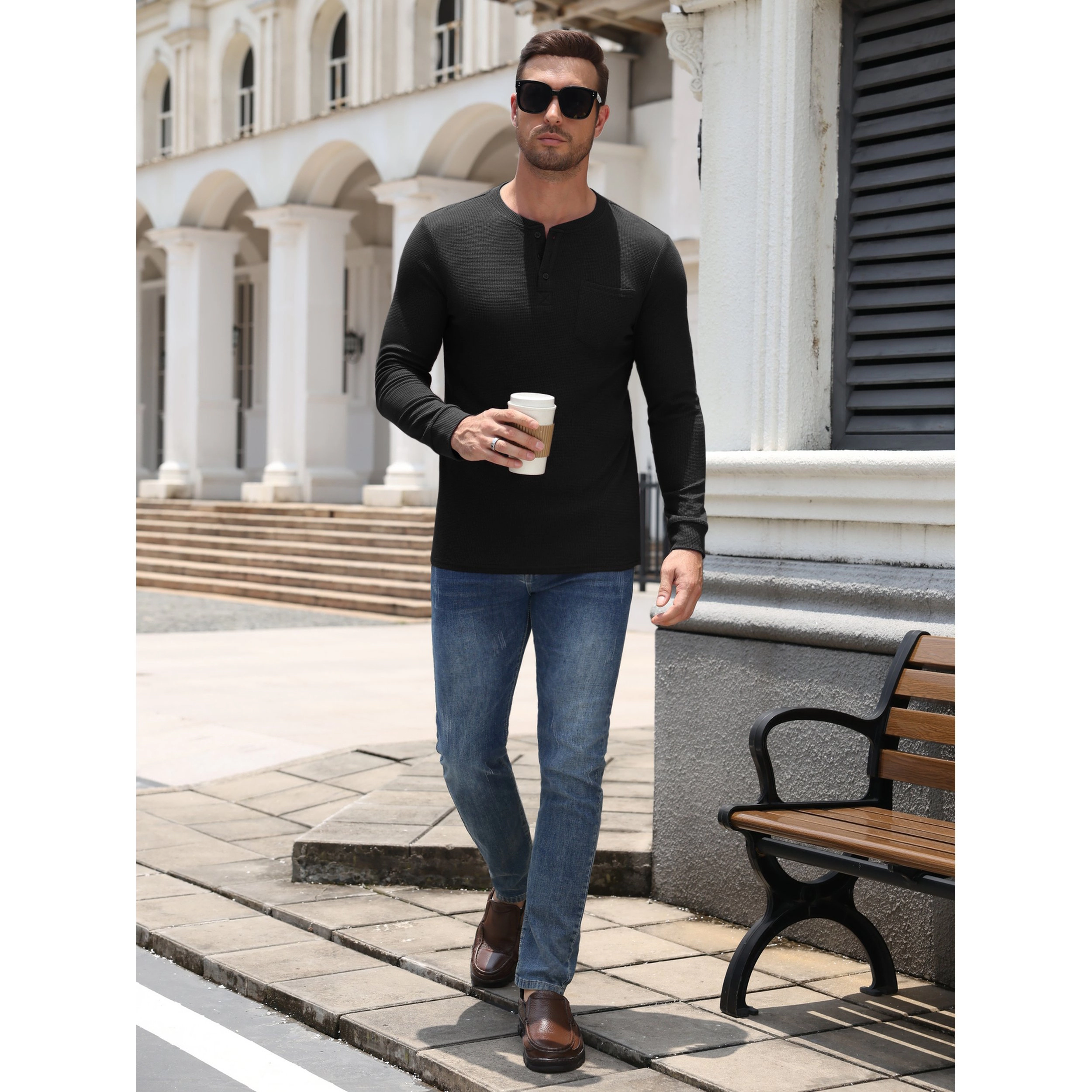 COOFANDY Men's Waffle Knit Long Sleeve Henley Thermal T-Shirt with Pocket