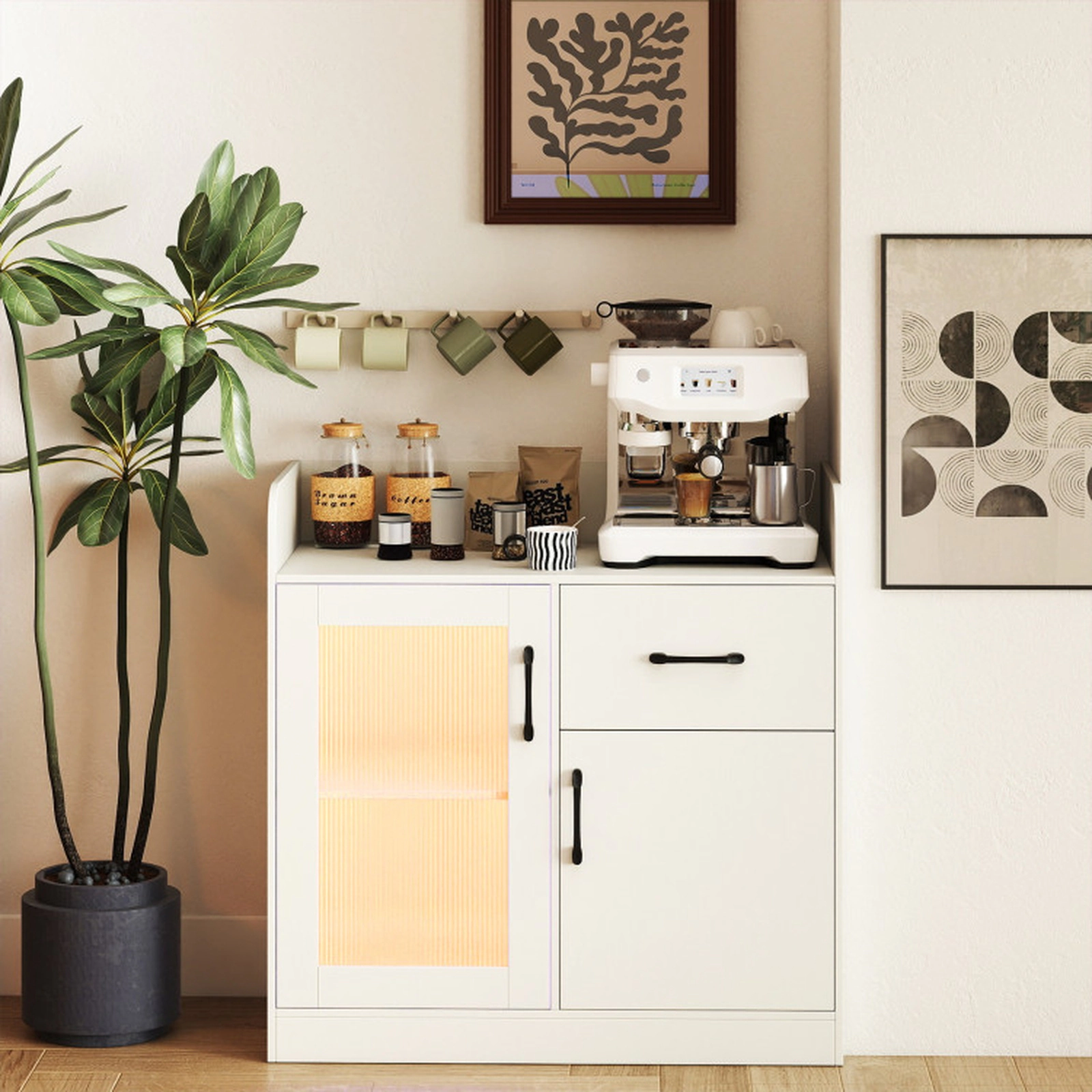 SUGIFT 31.5-in 110-lb Top White LED Buffet Sideboard with Charging Station Drawer and Translucent Fluted Door