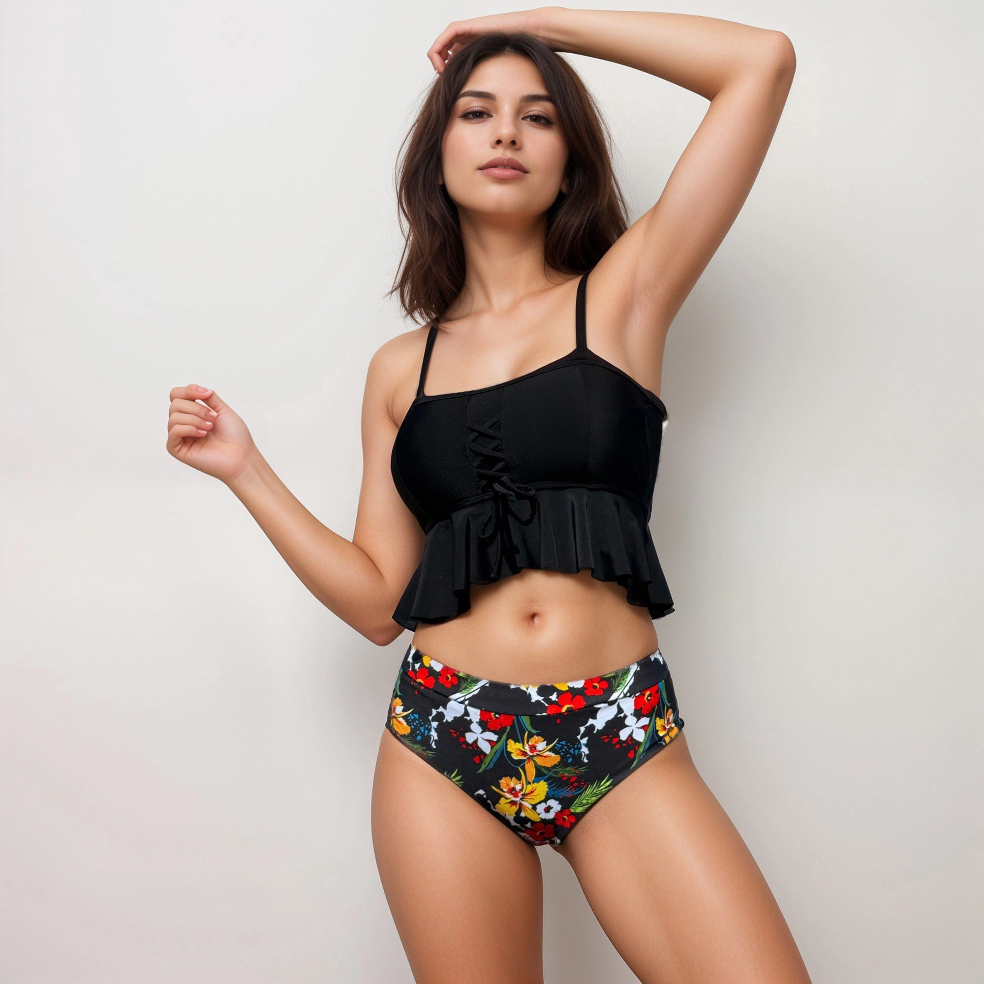 Anna-Kaci Women's Two Piece Bikini Set with Lace-Up Ruffle Tankini Top and High Waist Floral Bottoms