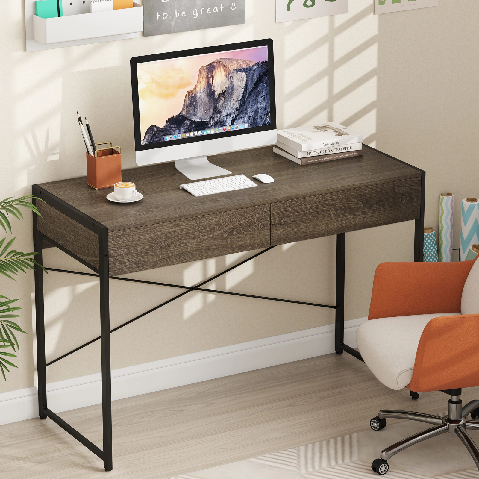 LJG Computer Desk with 2 Drawers 44 Inch Home Office Desk with Metal Frame