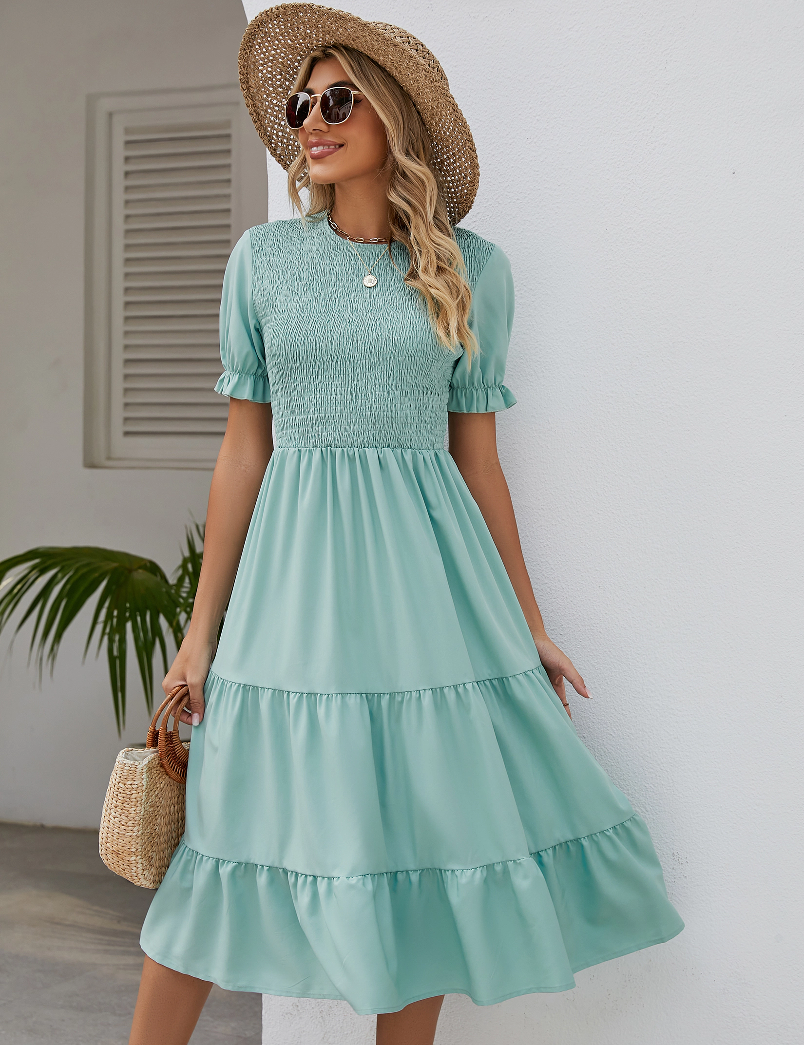 KOJOOIN Women Tiered Midi Dress Puff Short Sleeve Smocked Bodice A-Line Ruffle Beach Flowy Summer Dresses
