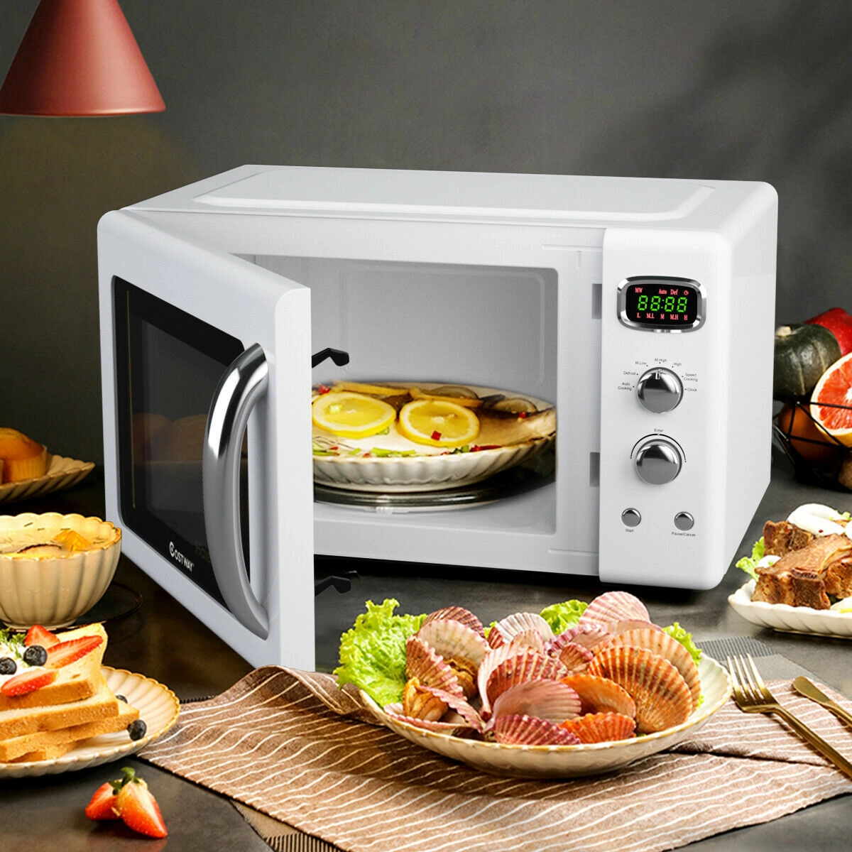 SUGIFT 900W Retro Compact Countertop Microwave Oven 0.9-cu ft Capacity 5 Power Levels 19.5 x 14 x 11-in White