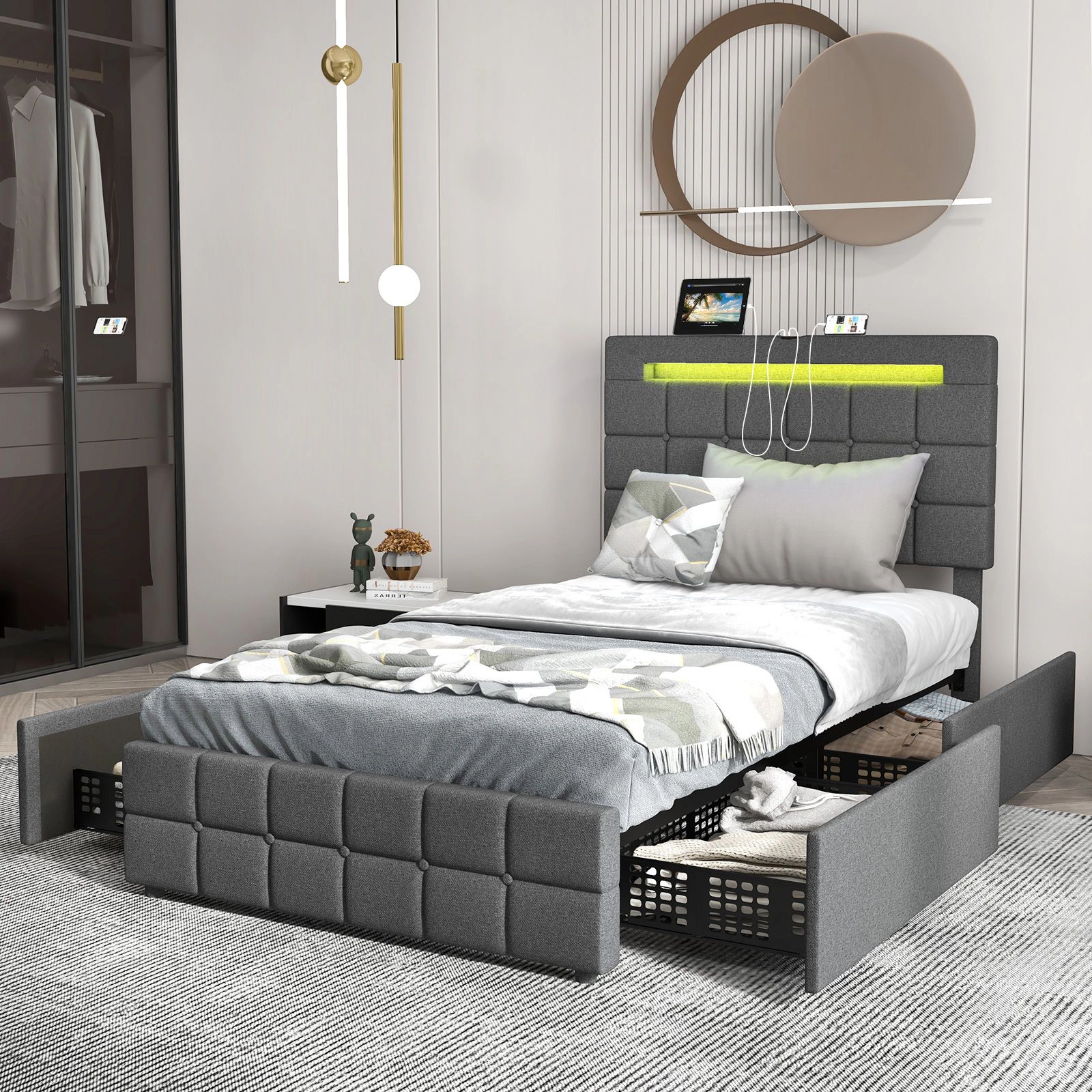 SlickBlue Modern Fabric Bed with RGB Headboard Lights and Adjustable Height Design