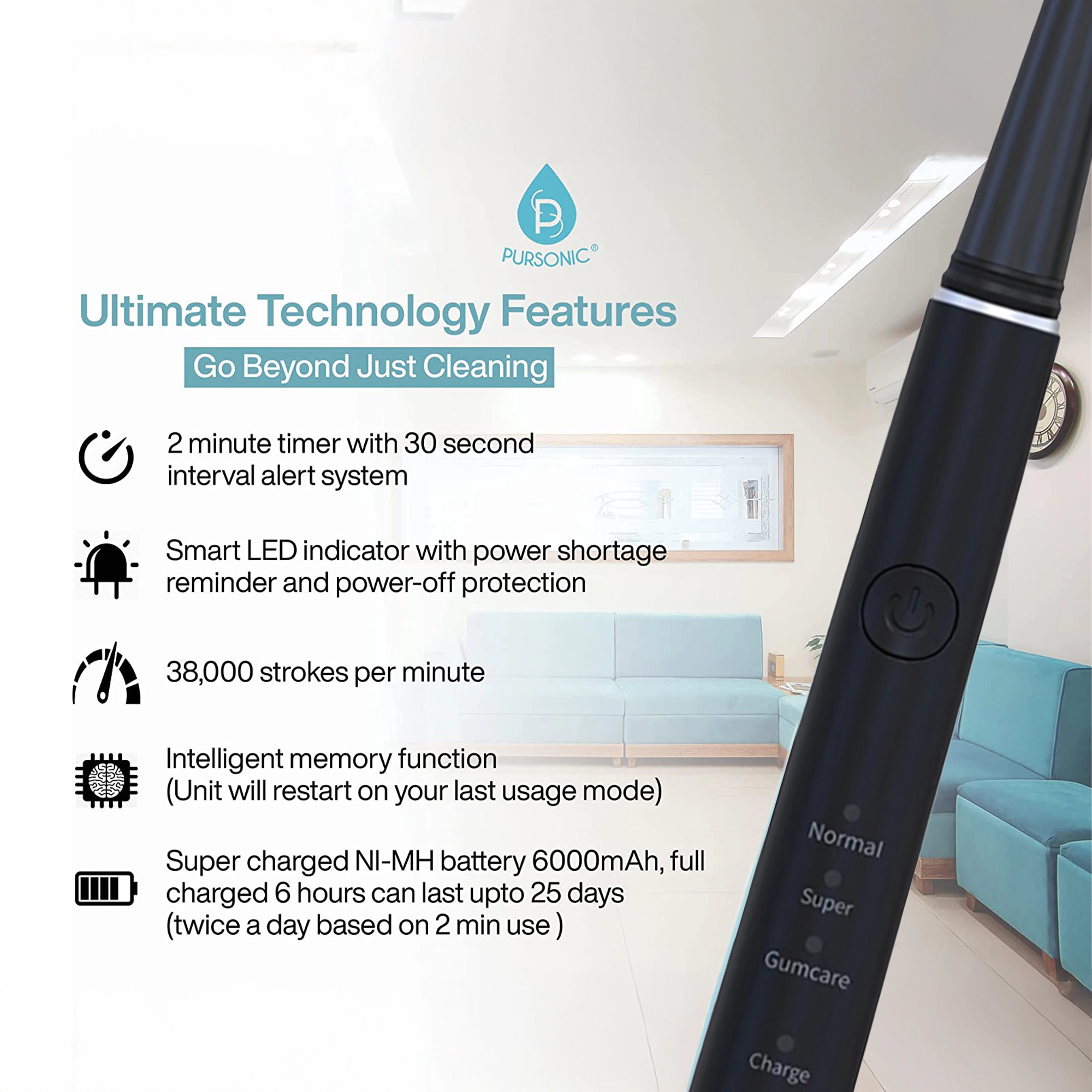 Pursonic Unisex Sonic Electric Toothbrush Set: USB Rechargeable with 12 Brush Heads