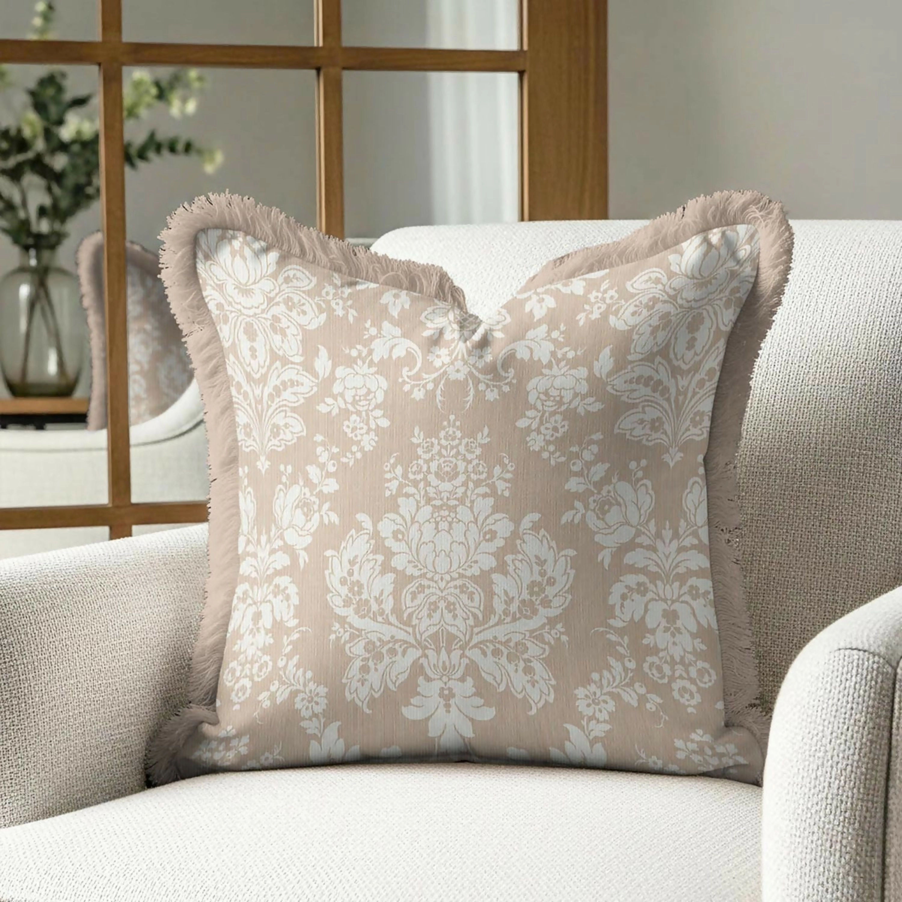 Wear Sierra Cream Floral Baroque Fringed Set of 2 Throw Pillow Cover