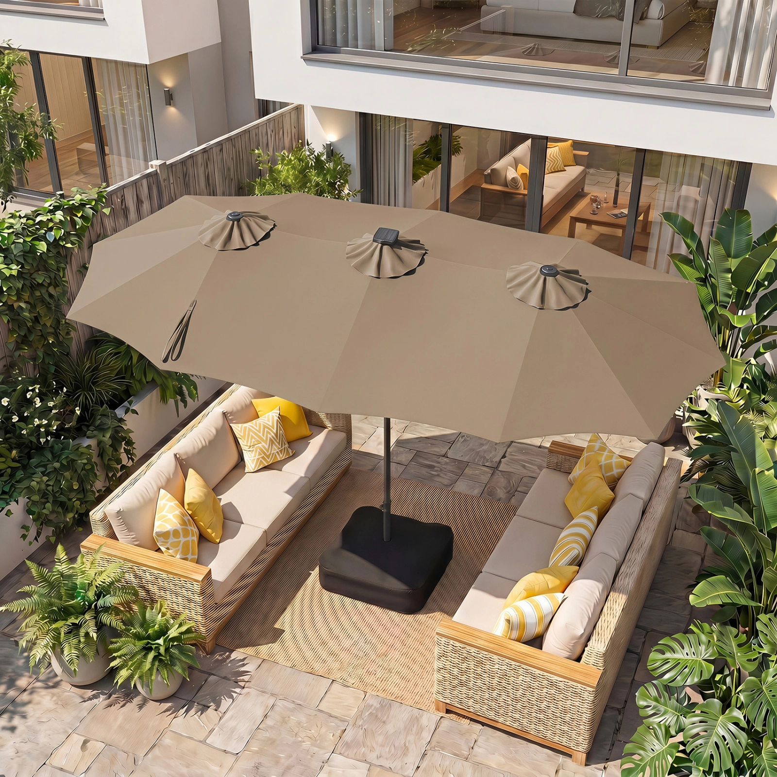 SUGIFT 13-ft Double-Sided Patio Umbrella with 108 LED Lights, Crank Handle and 135-lb Base Capacity Tan