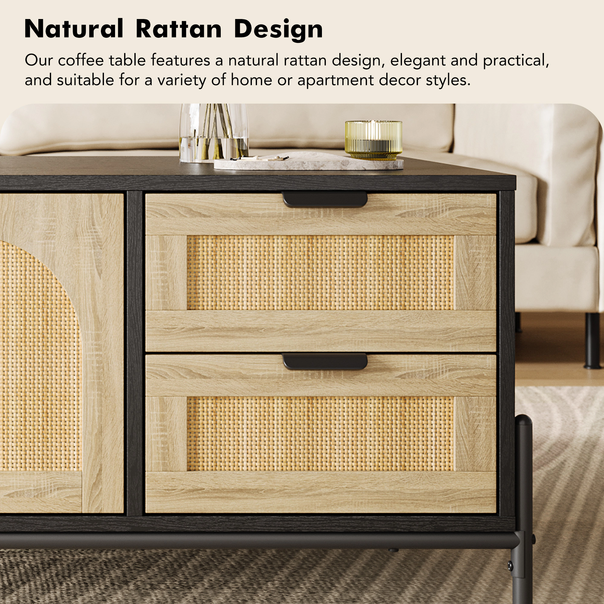 BebreezChic Rattan Coffee Table with LED Lights, Rectangular Center Table for Living Room - 2 Storage Drawers