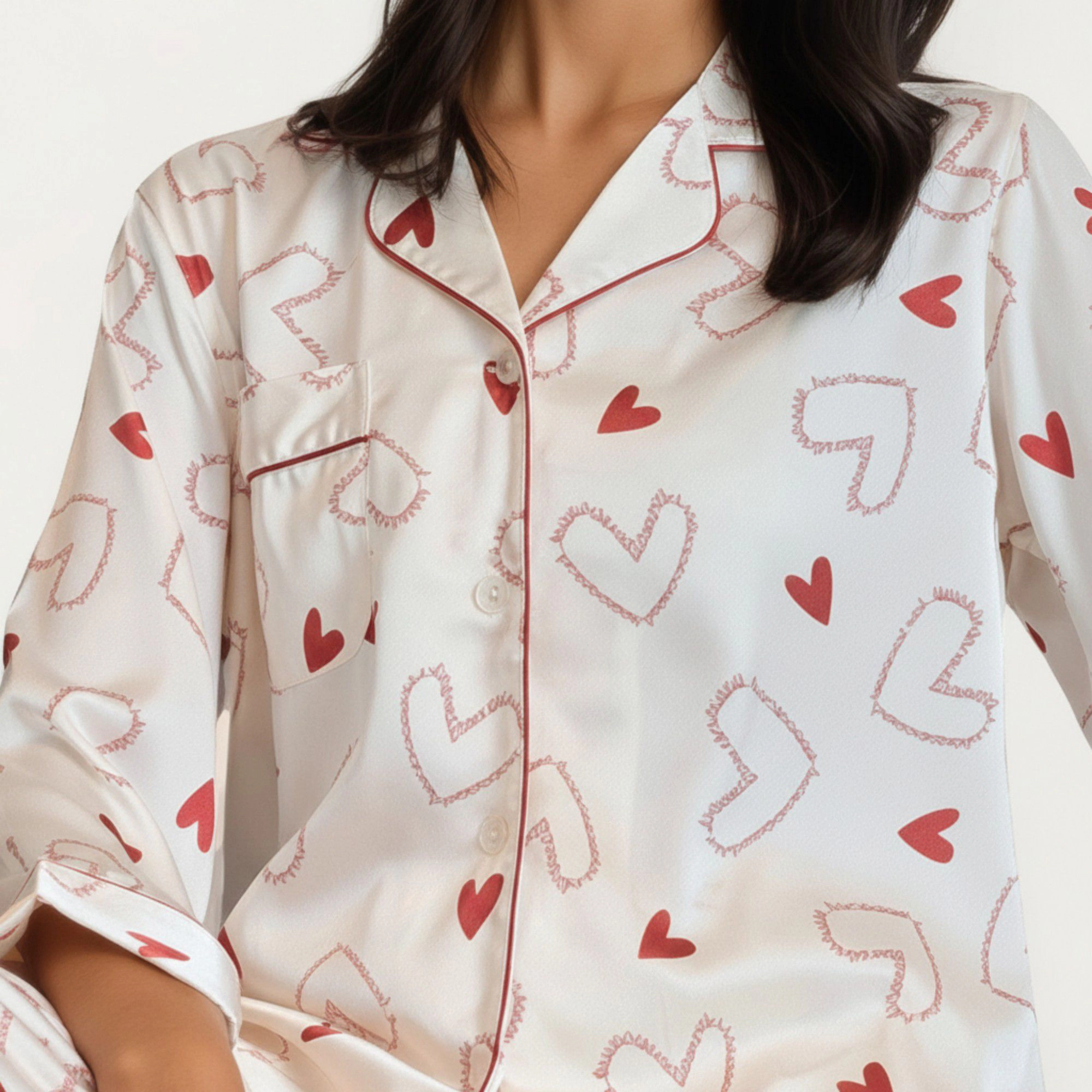 Anna-Kaci Women's 2-Piece Valentine Heart Print Satin Button Front Pajama Top Contrast Piping and Relaxed Fit Pants