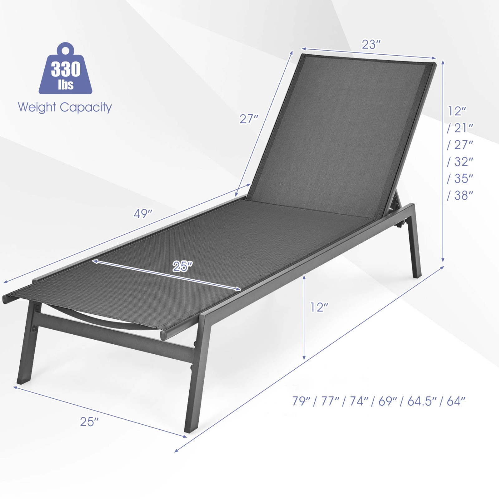 SUGIFT Outdoor Reclining Chaise Lounge Chair with 6-Position Adjustable Back 330-Lb Capacity Gray