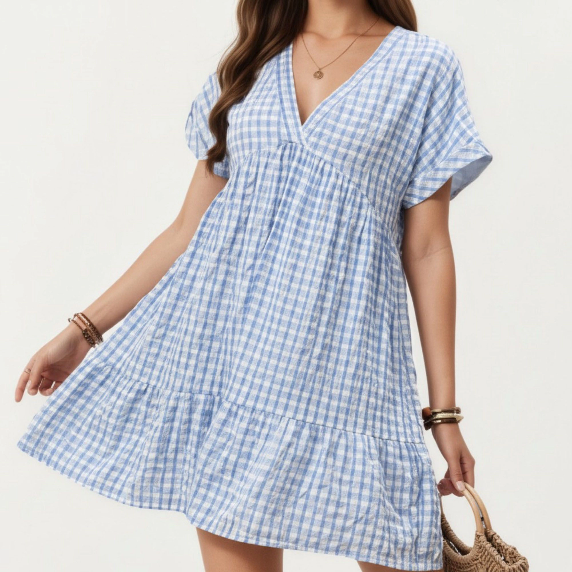 Anna-Kaci Women's Short Sleeve V Neck Plaid Tiered Hem Loose Fit Mini Dress