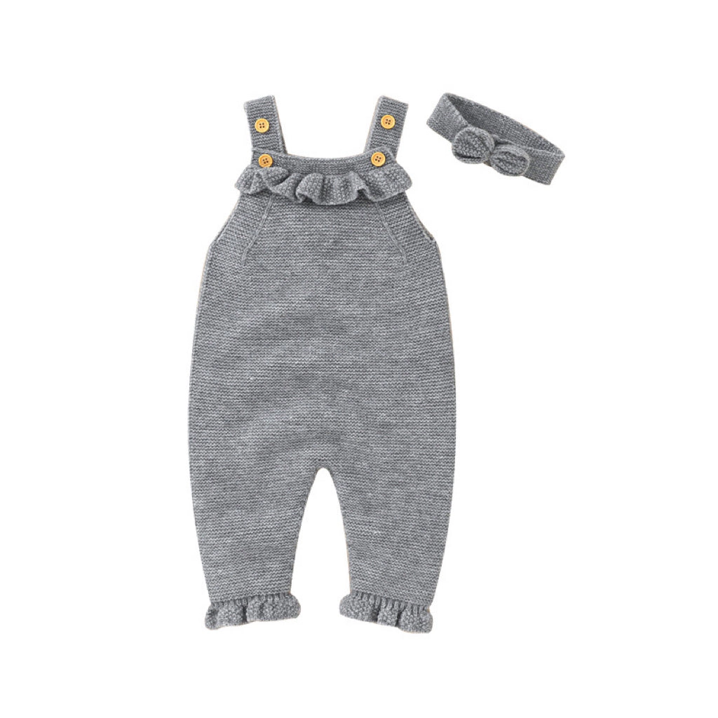 MyKids-USA Baby Girl Solid Color Ruffle Design Knit Romper With Headband