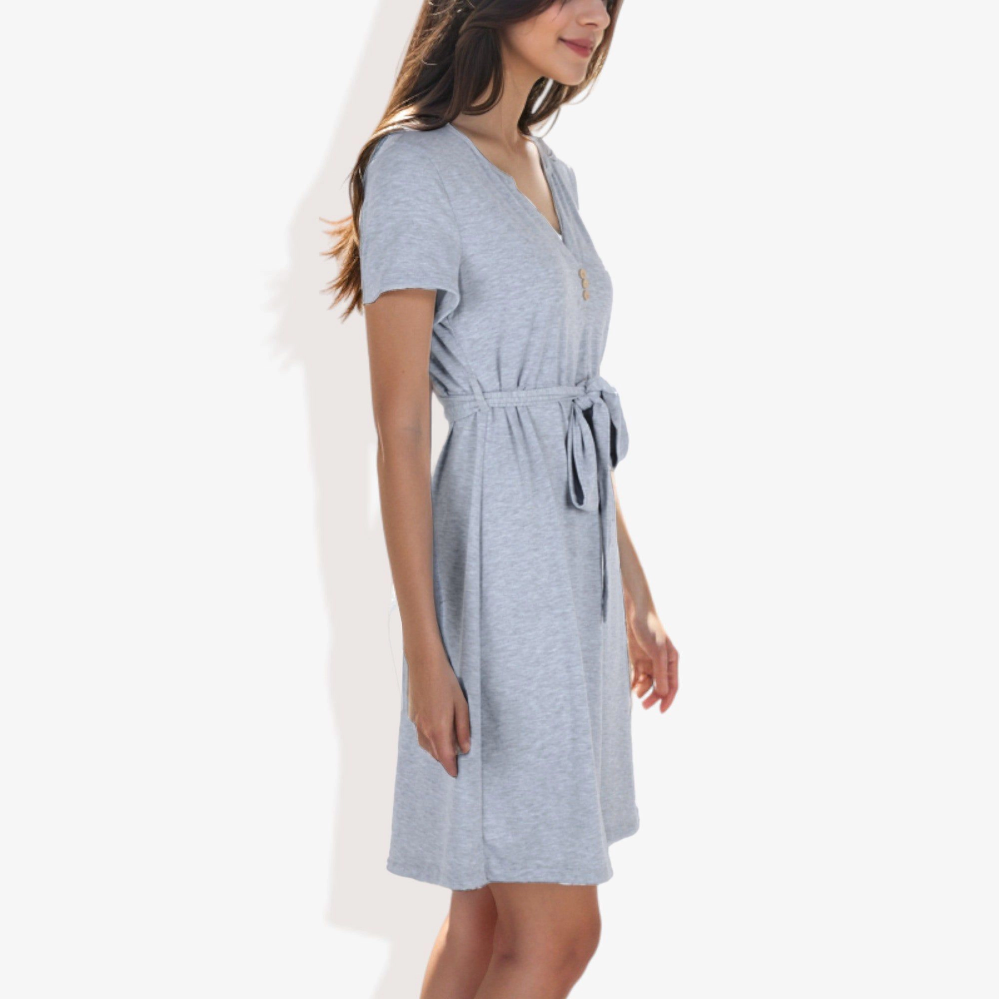Anna-Kaci Women's Notched V-Neck Button Detail Belted Flared Tunic Dress