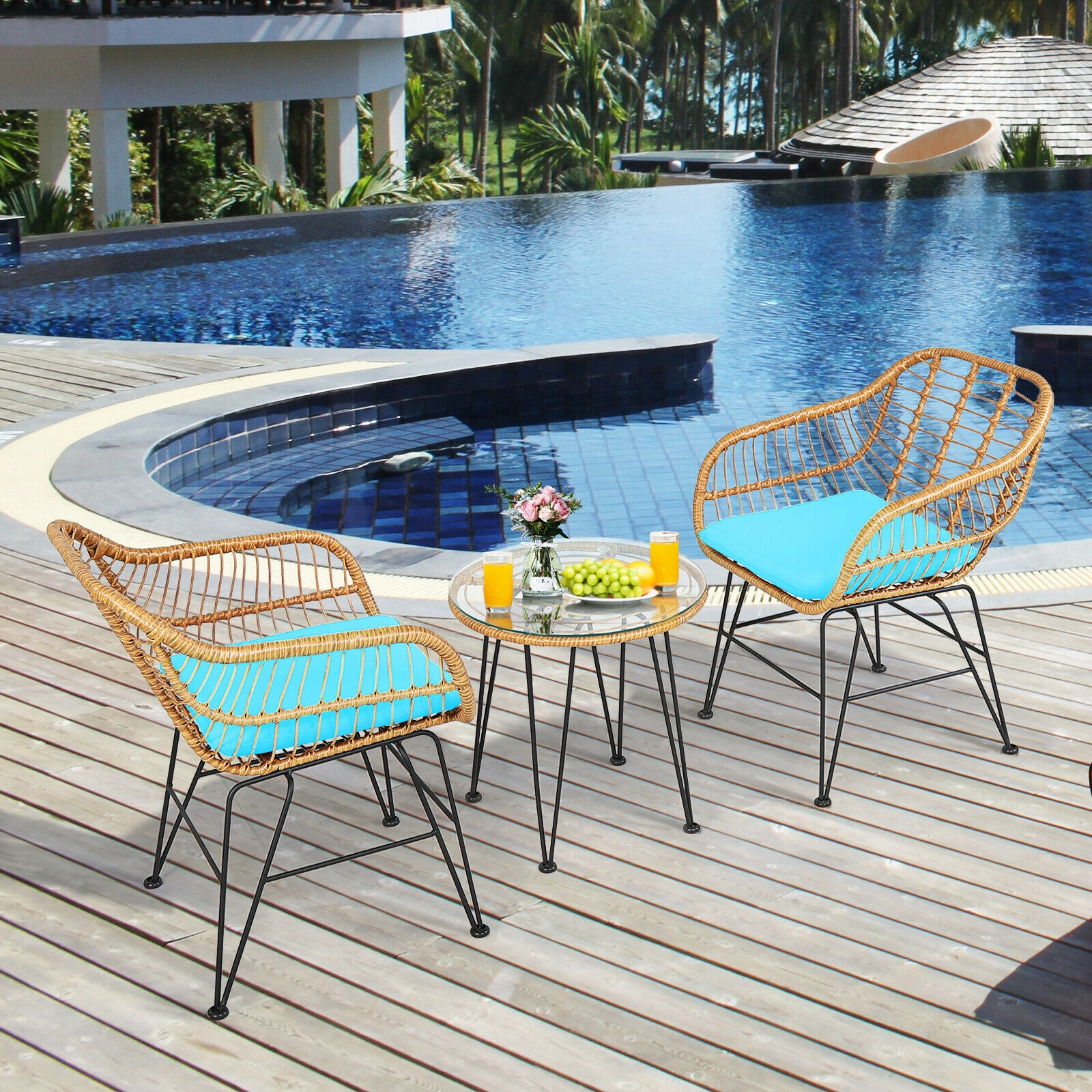 SUGIFT 3-Piece Rattan Conversation Set with Cushioned Chairs and Coffee Table 400-lb Chair Capacity Turquoise