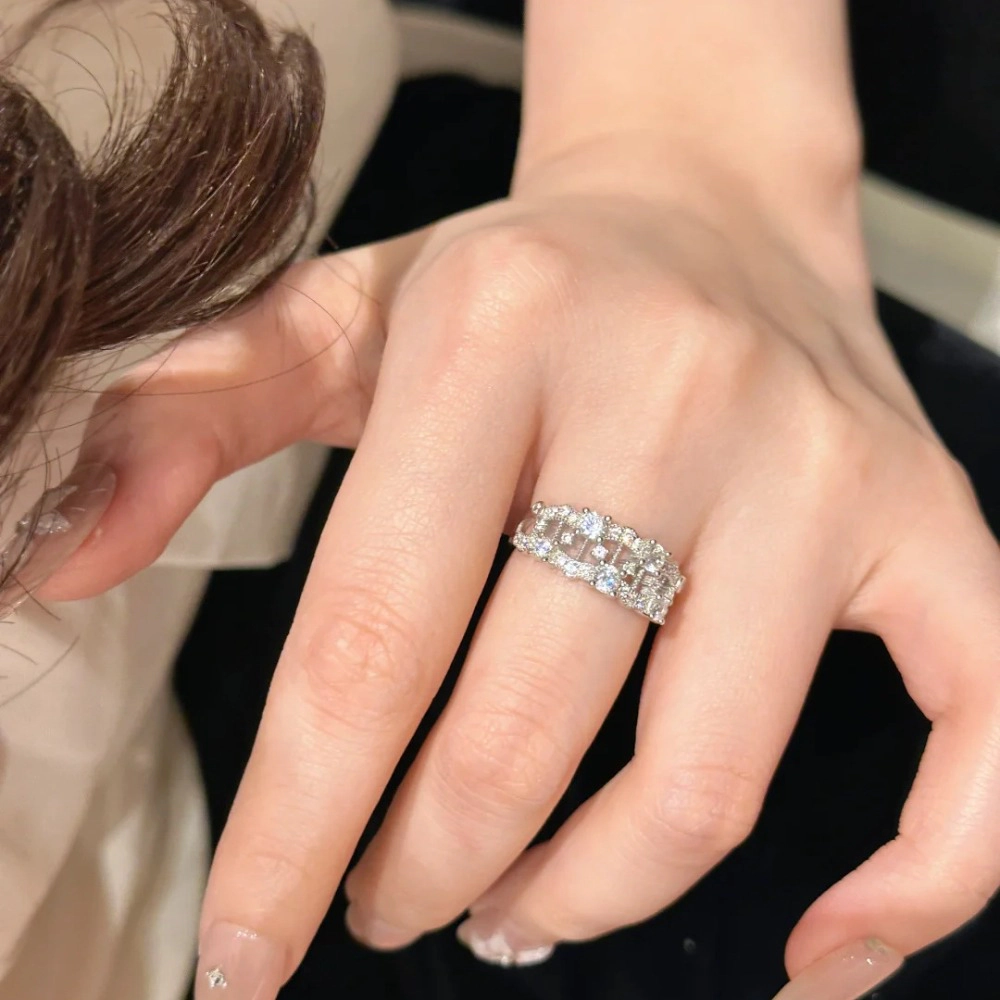 Women’s Adjustable Open Ring Lace-Inspired Hollow Band with Row Inlaid Zircons