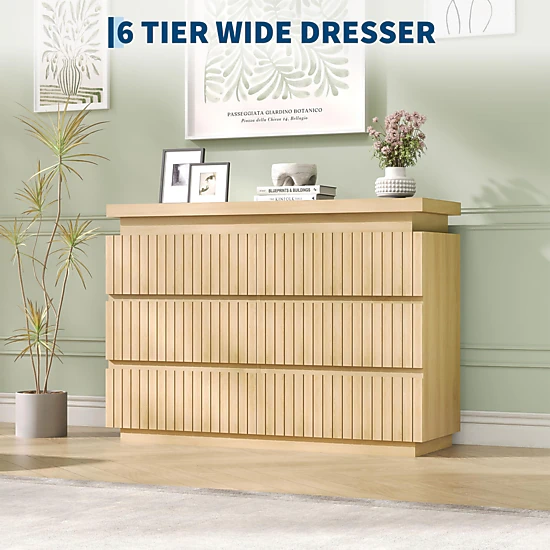 BebreezChic Modern Handleless 6-Drawer Dresser, Fluted Design, Thick Floating Top, White Wide Chest