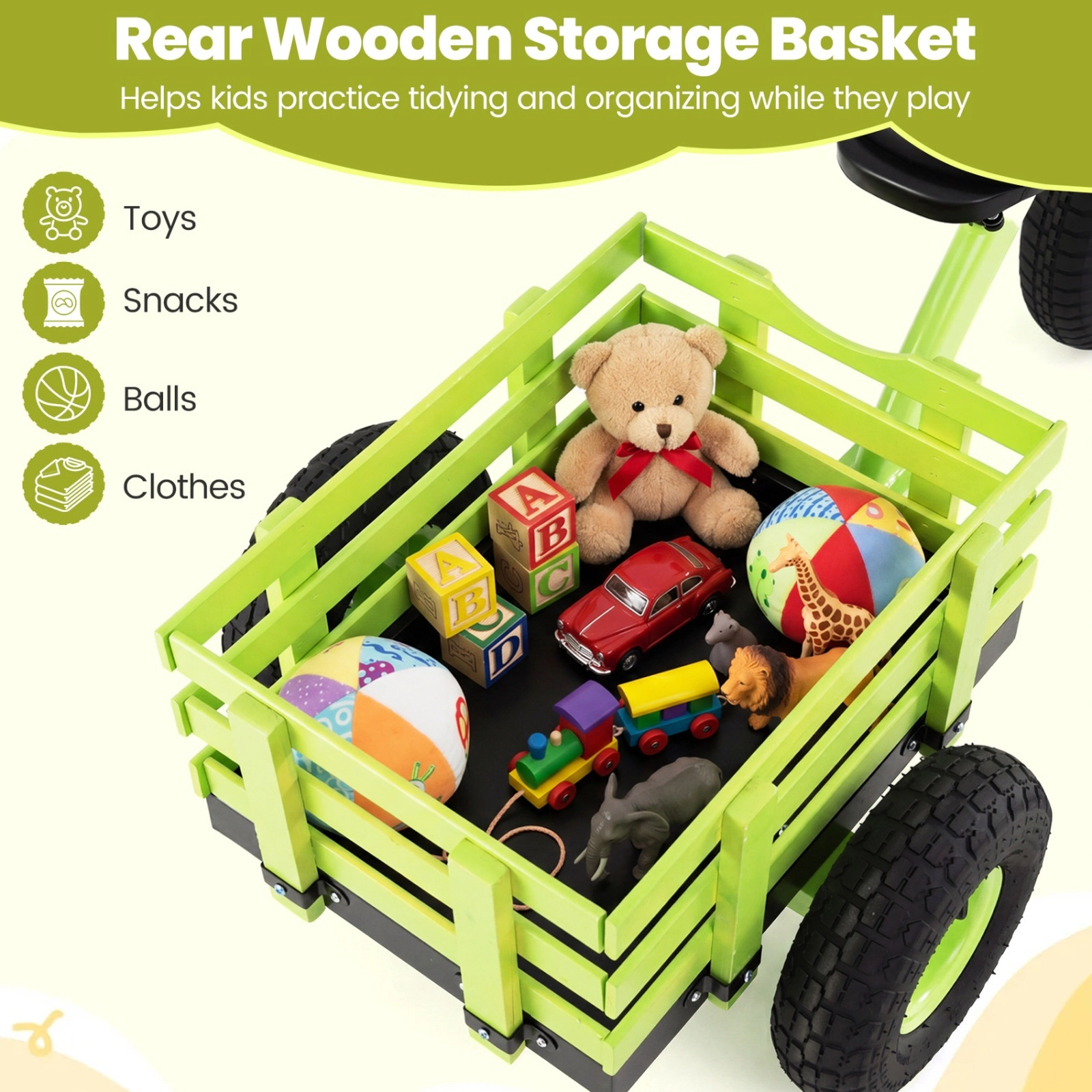 Kids Tricycle 15-in Inflatable Rubber Tires 200-lb Load Capacity Triangle Carbon Steel Frame Basket Ages 3+ Green