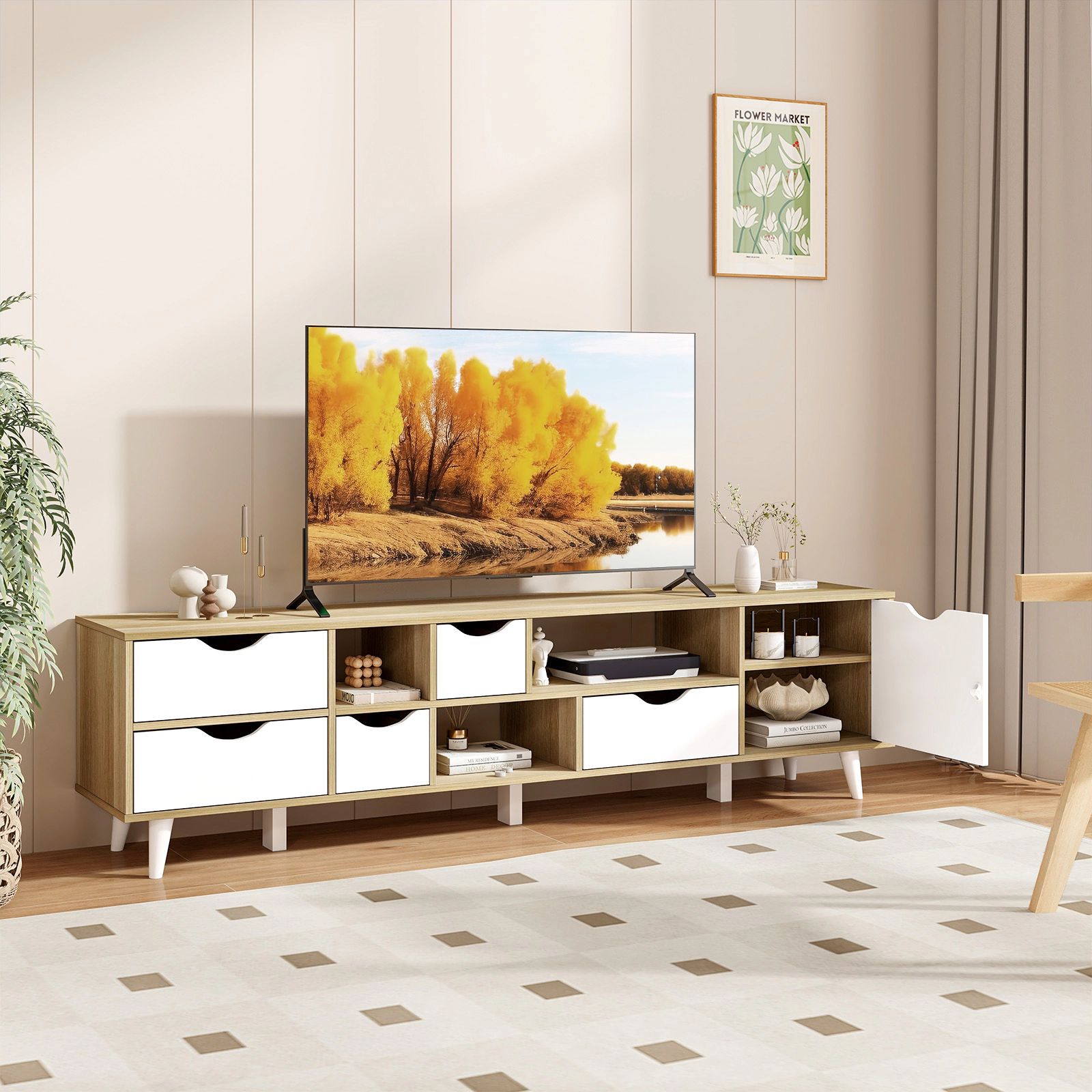 SUGIFT 59-in Engineered Wood MDF TV Stand for TVs up to 65 in 5 Drawers 3 Open Shelves Adjustable Shelf 57-lb Net Weight