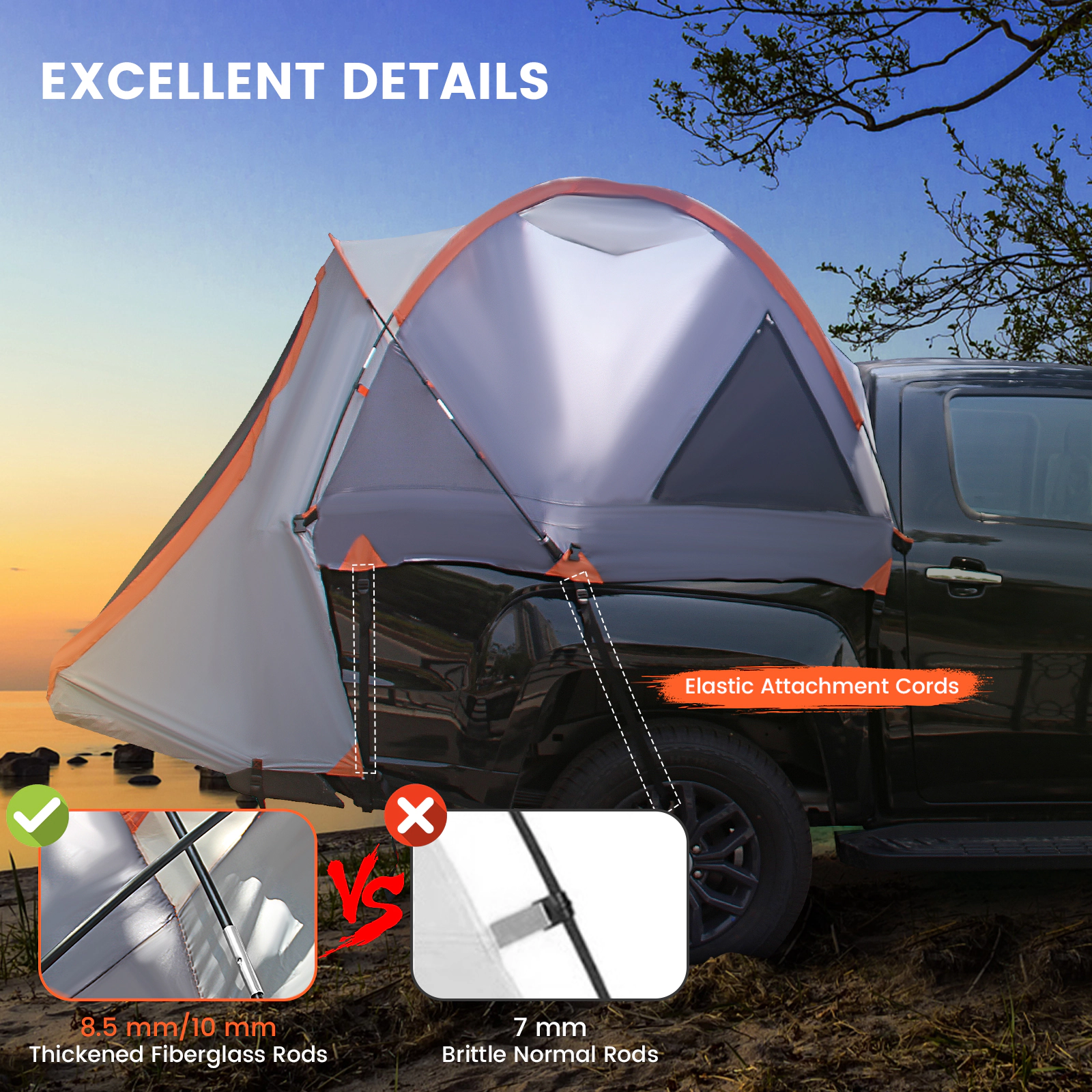 SUGIFT 2 Person Silver Truck Bed Tent with Detachable Rainfly and Carry Bag 8.4-ft W 6.8-ft D 3.1-ft H