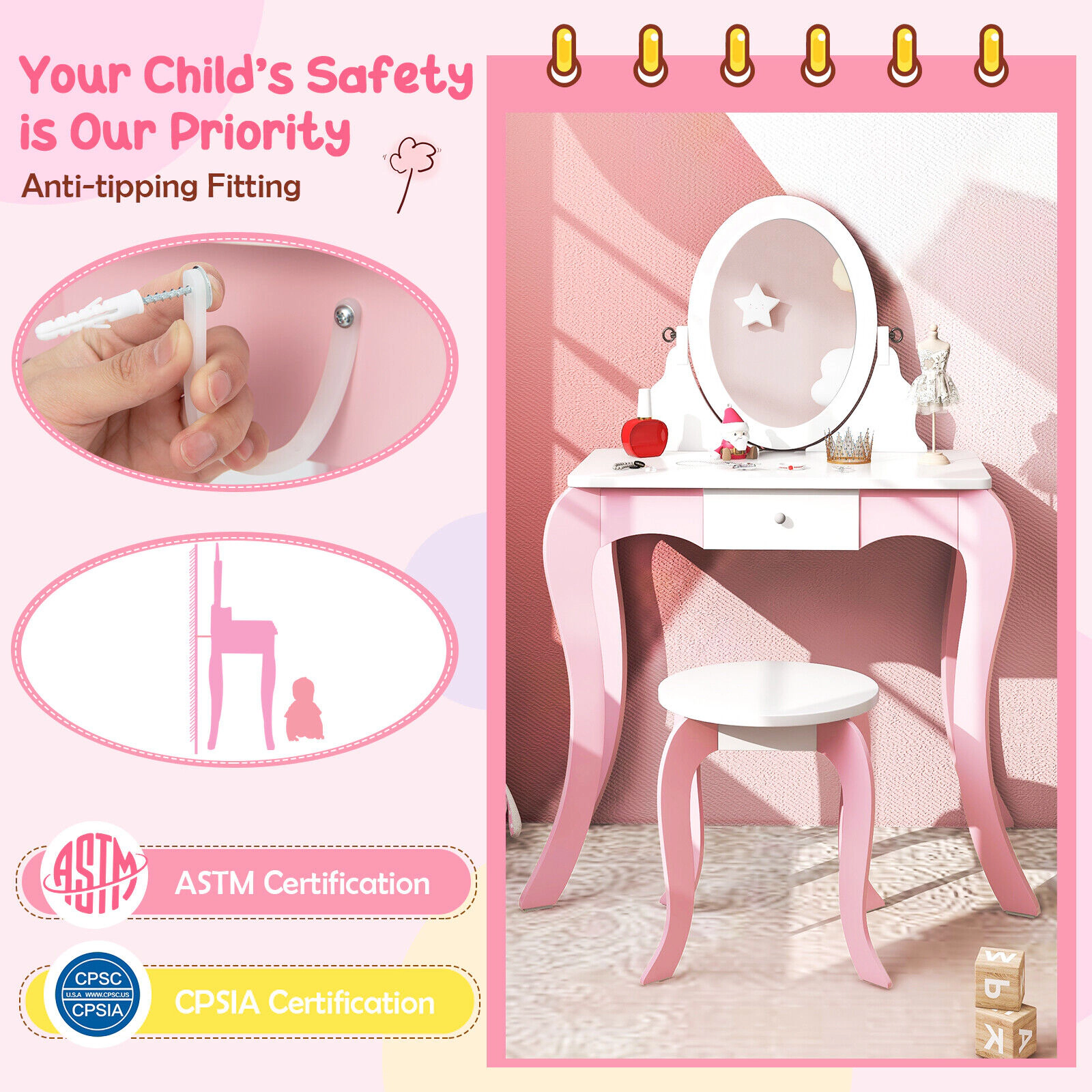 SUGIFT 2-in-1 Detachable Kids Vanity Table & Stool Set 360° Rotatable Mirror 66-lb Tabletop Capacity Ages 3-7 Pink +